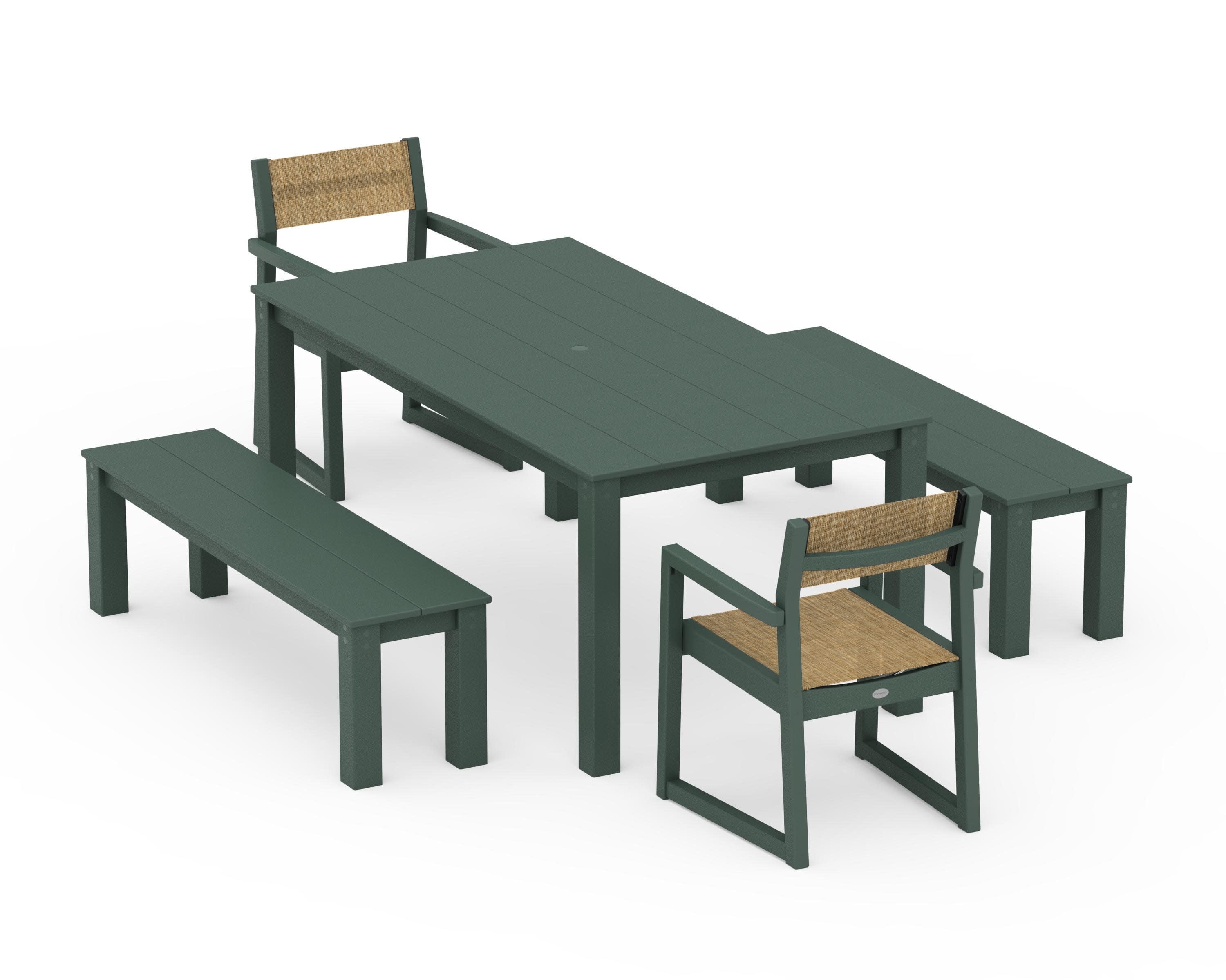 EDGE Sling Arm Chair 5-Piece Parsons Dining Set with Benches in Green / Burlap Sling