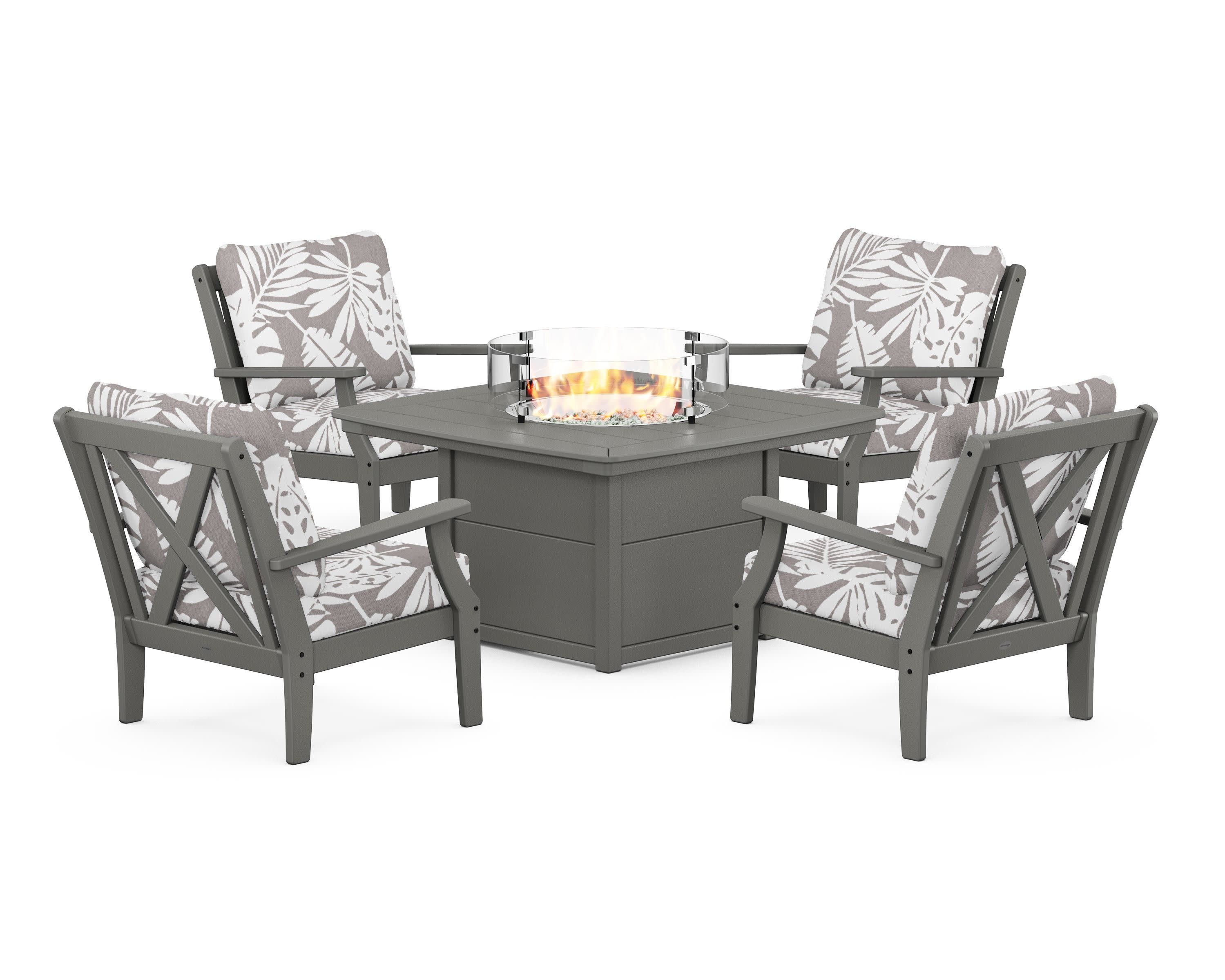 Braxton 5-Piece Deep Seating Conversation Set with Fire Pit Table in Slate Grey / Leaf Grey Mist