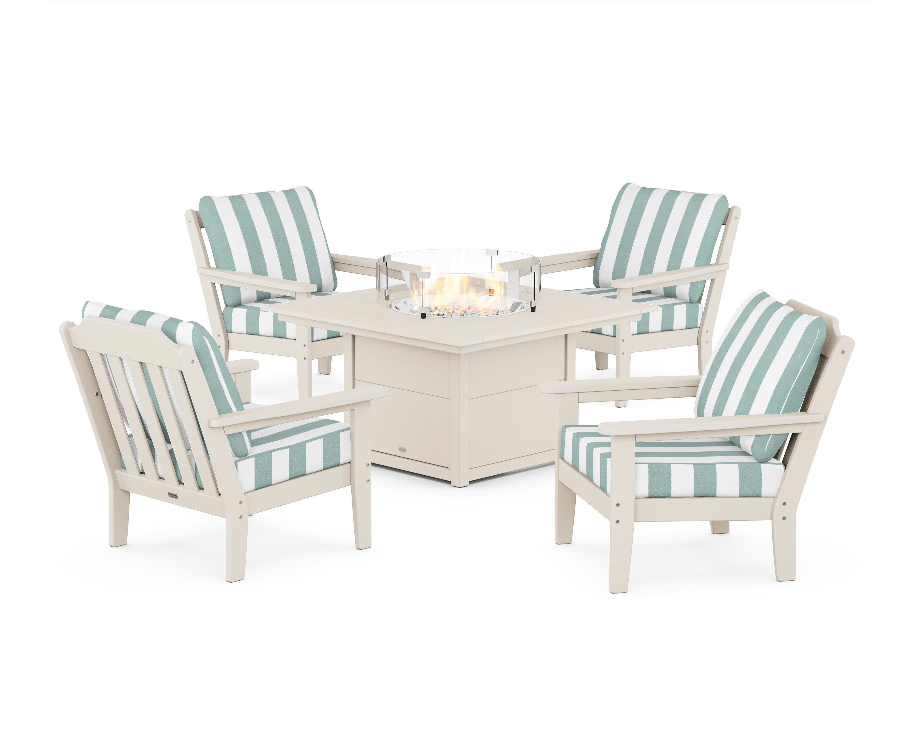 Cottage 5-Piece Deep Seating Set with Fire Pit Table in Sand / Cabana Stripe Glacier Spa