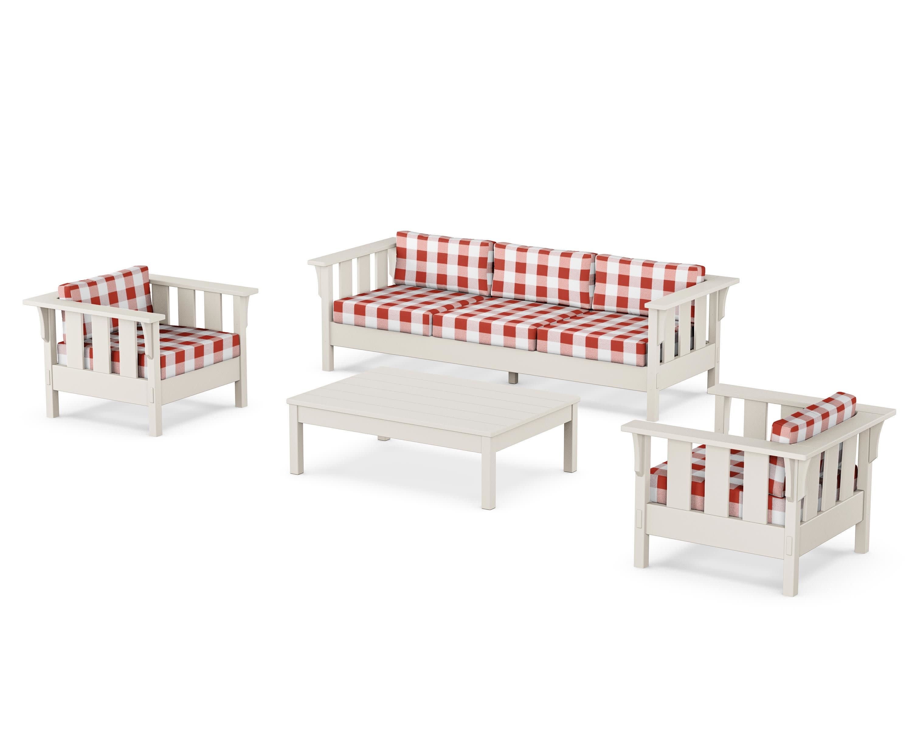 Acadia 4-Piece Deep Seating Set with Sofa in Sand / Buffalo Plaid Crimson