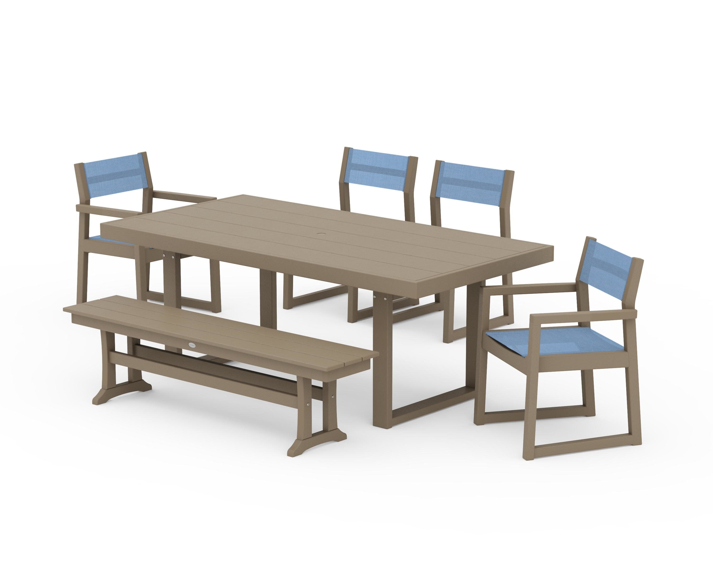 EDGE Sling 6-Piece Dining Set with Bench in Vintage Sahara / Poolside Sling