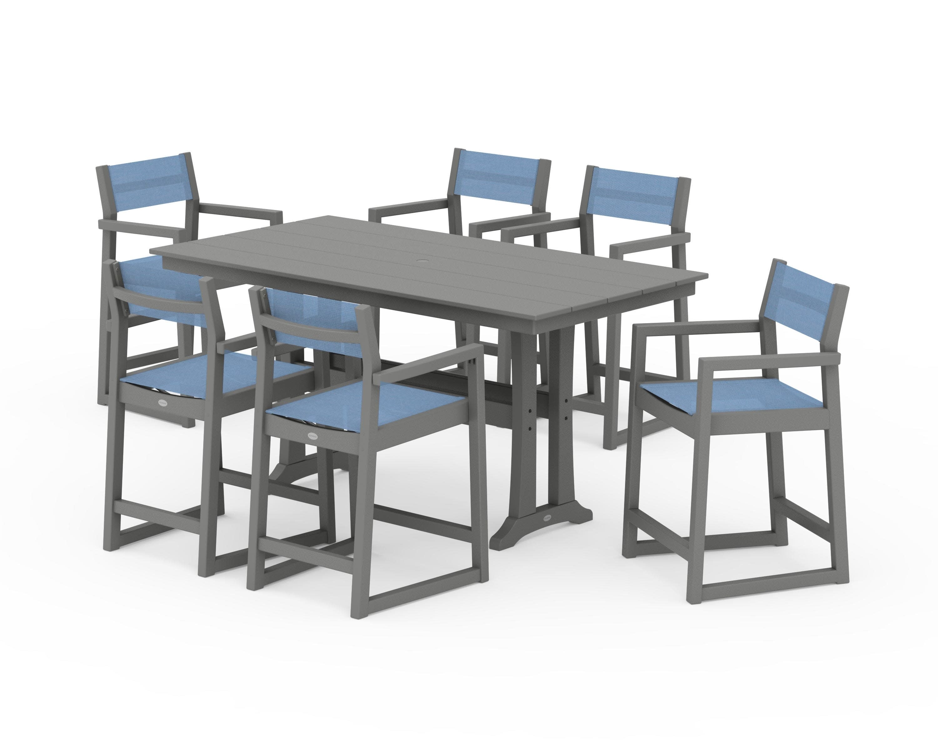 EDGE Sling Arm Chair 7-Piece Farmhouse Counter Set with Trestle Legs in Slate Grey / Poolside Sling