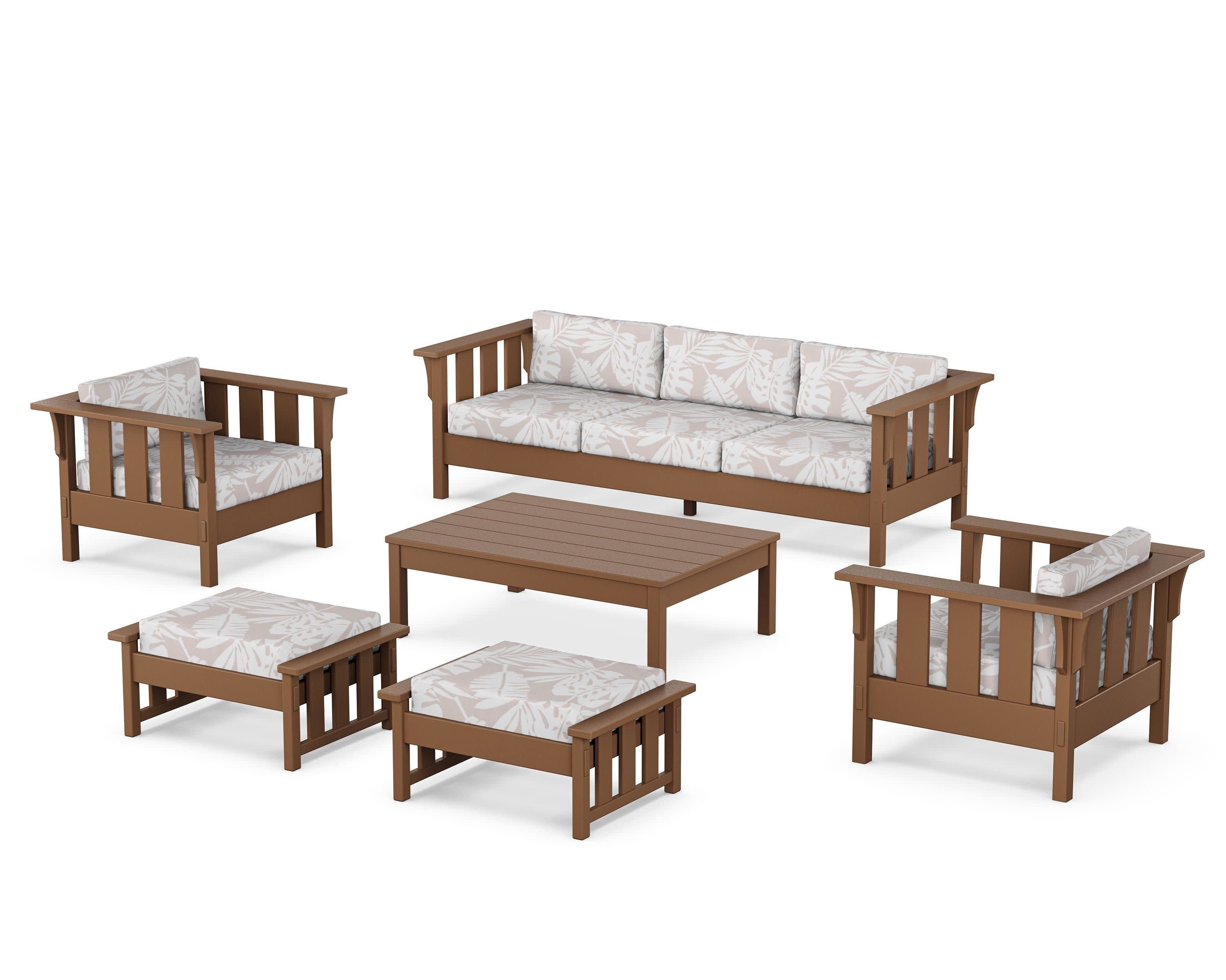 Acadia 6-Piece Lounge Sofa Set in Teak / Leaf Dune Burlap