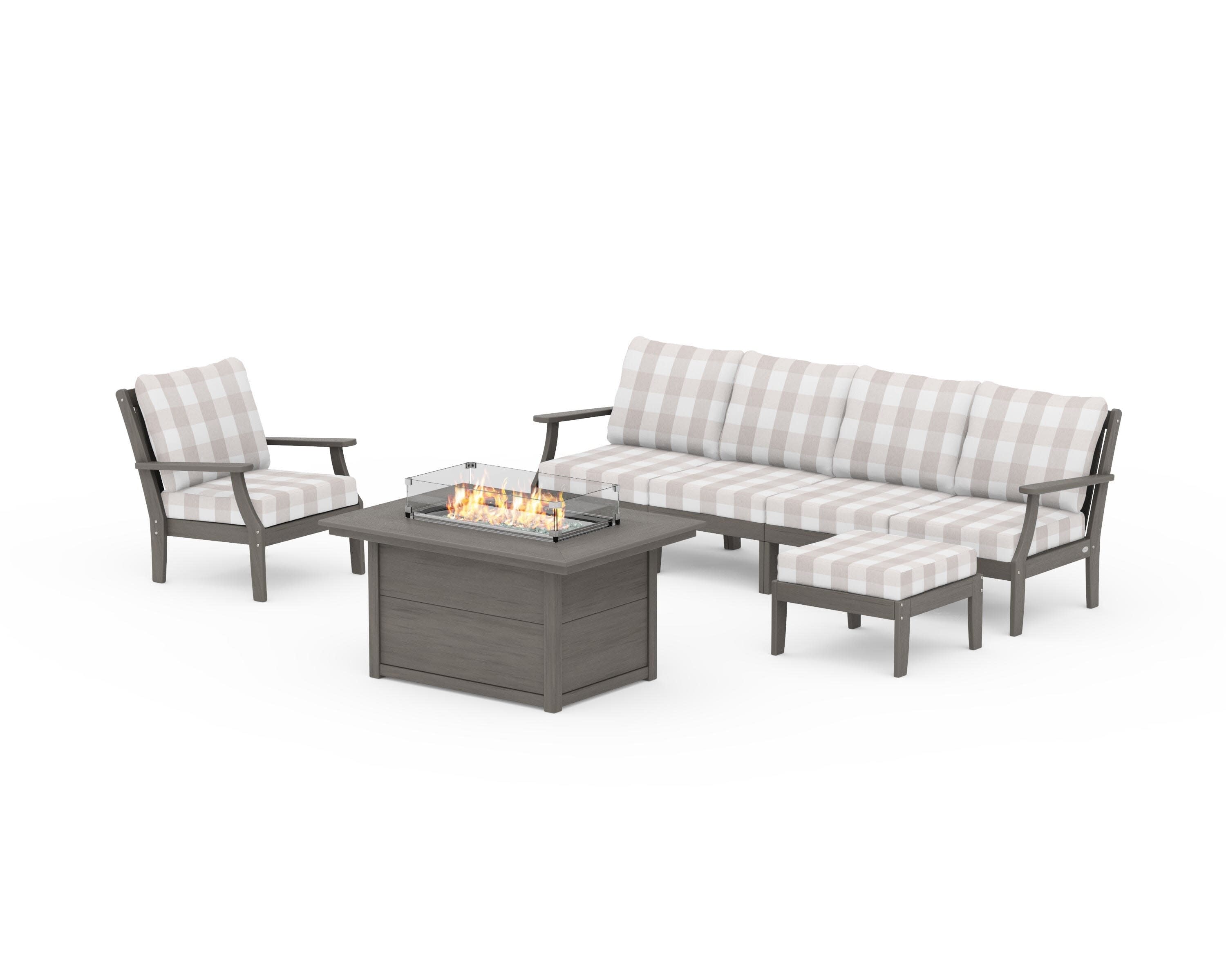 Braxton Sectional Lounge and Fire Pit Set in Driftwood / Buffalo Plaid Dune Burlap