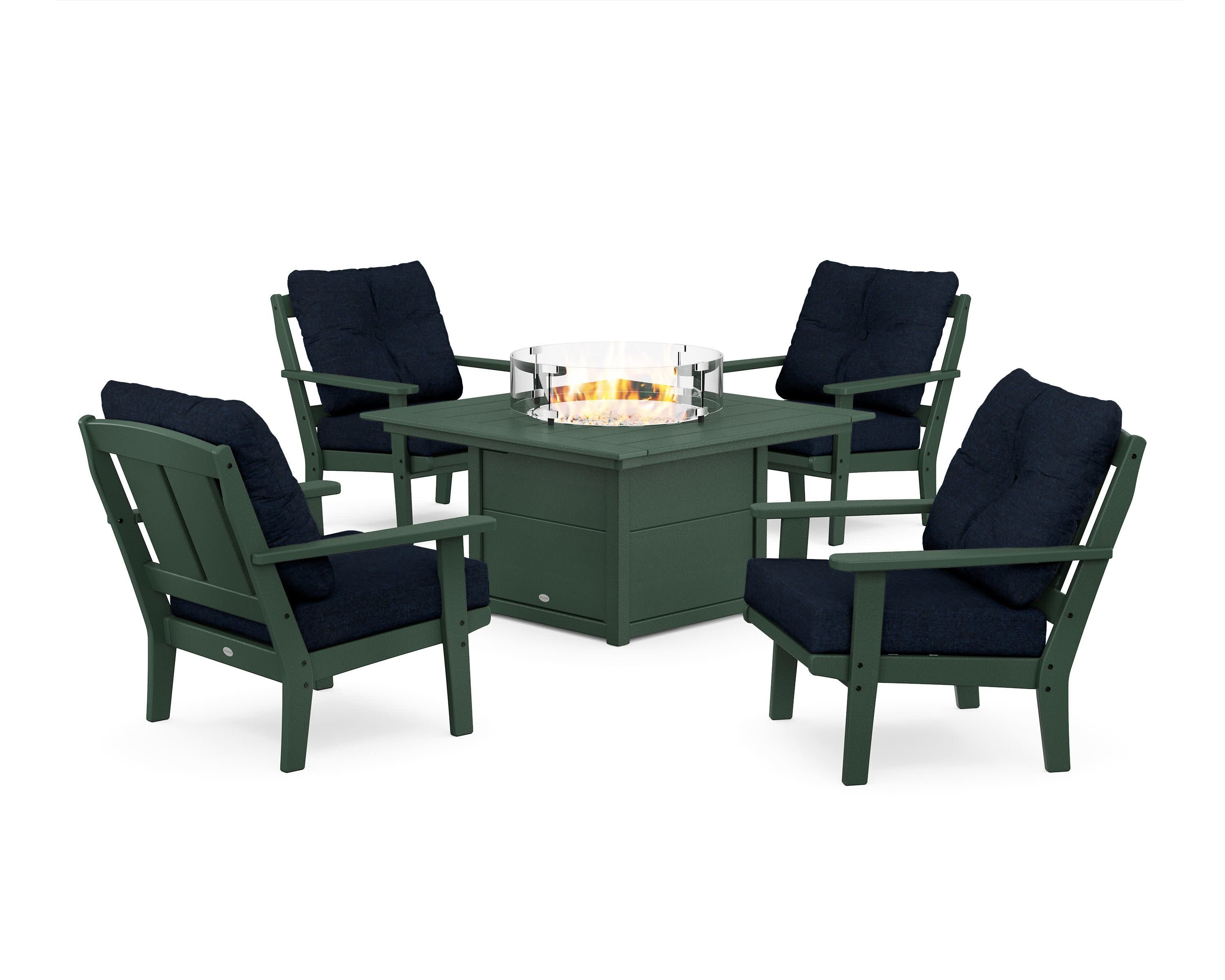 Mission 5-Piece Deep Seating Set with Fire Pit Table in Green / Marine Indigo