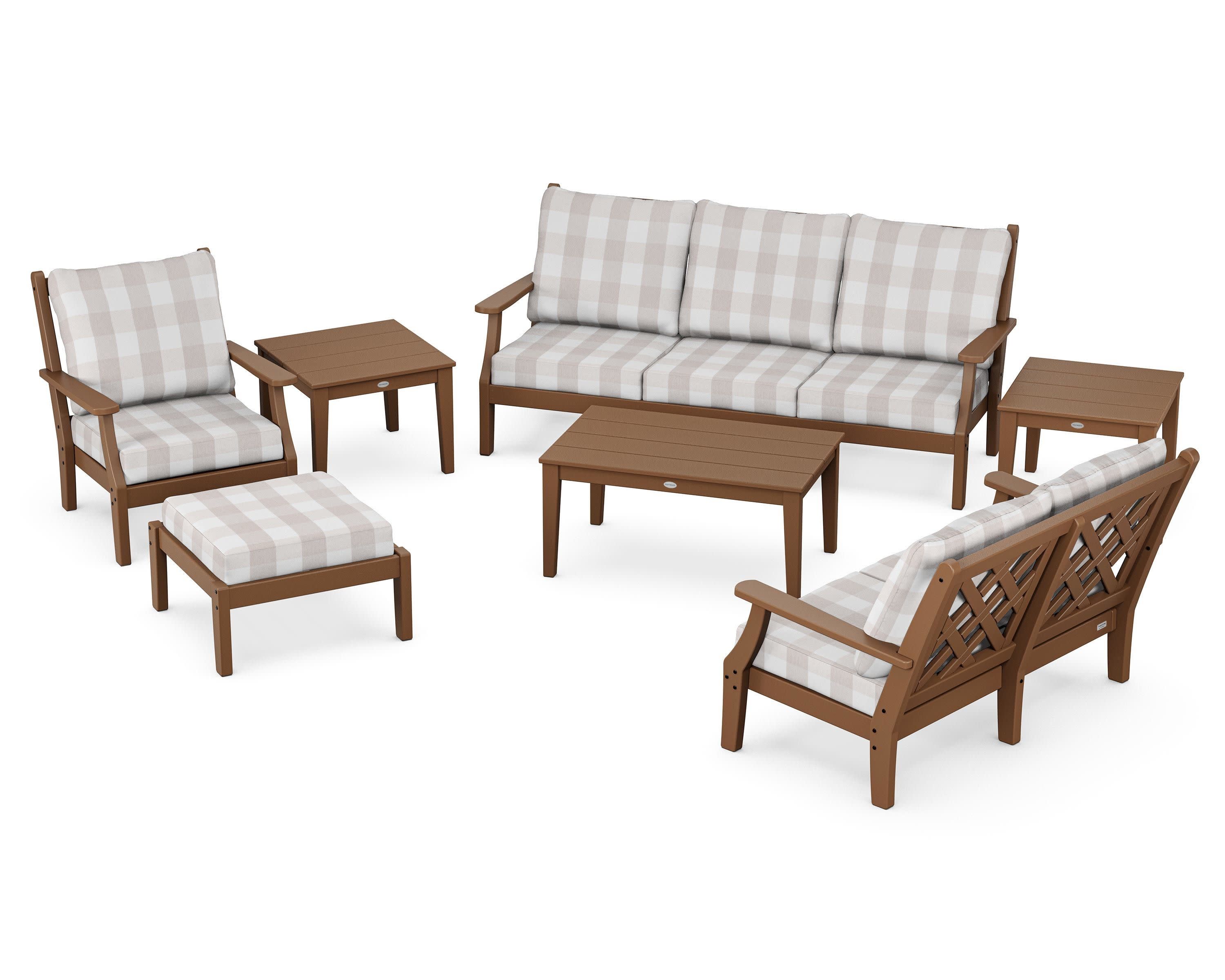 Wovendale 7-Piece Deep Seating Set in Teak / Buffalo Plaid Dune Burlap