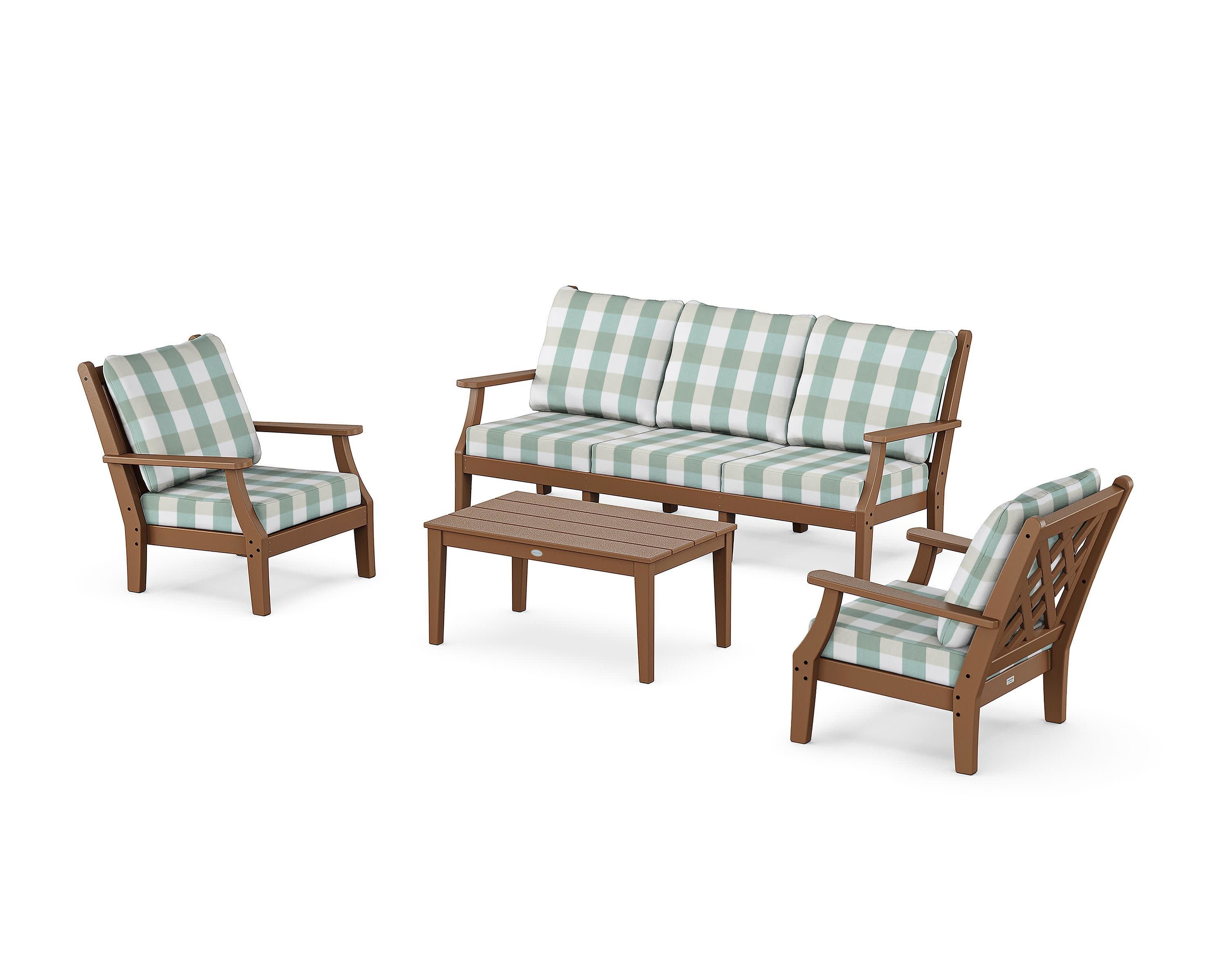 Wovendale 4-Piece Deep Seating Set with Sofa in Teak / Buffalo Plaid Glacier Spa