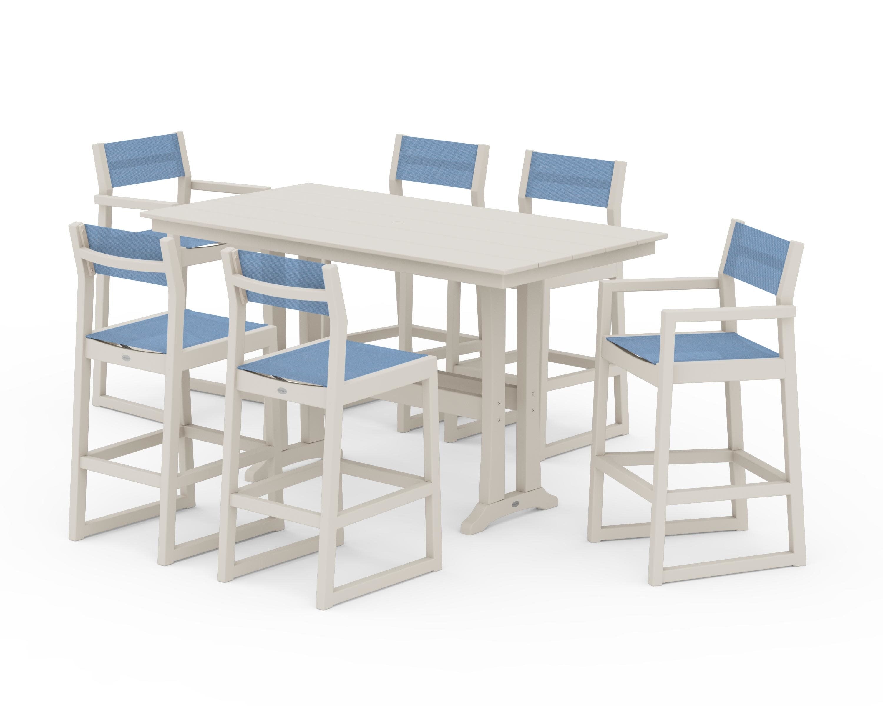 EDGE Sling 7-Piece Farmhouse Bar Set with Trestle Legs in Sand / Poolside Sling