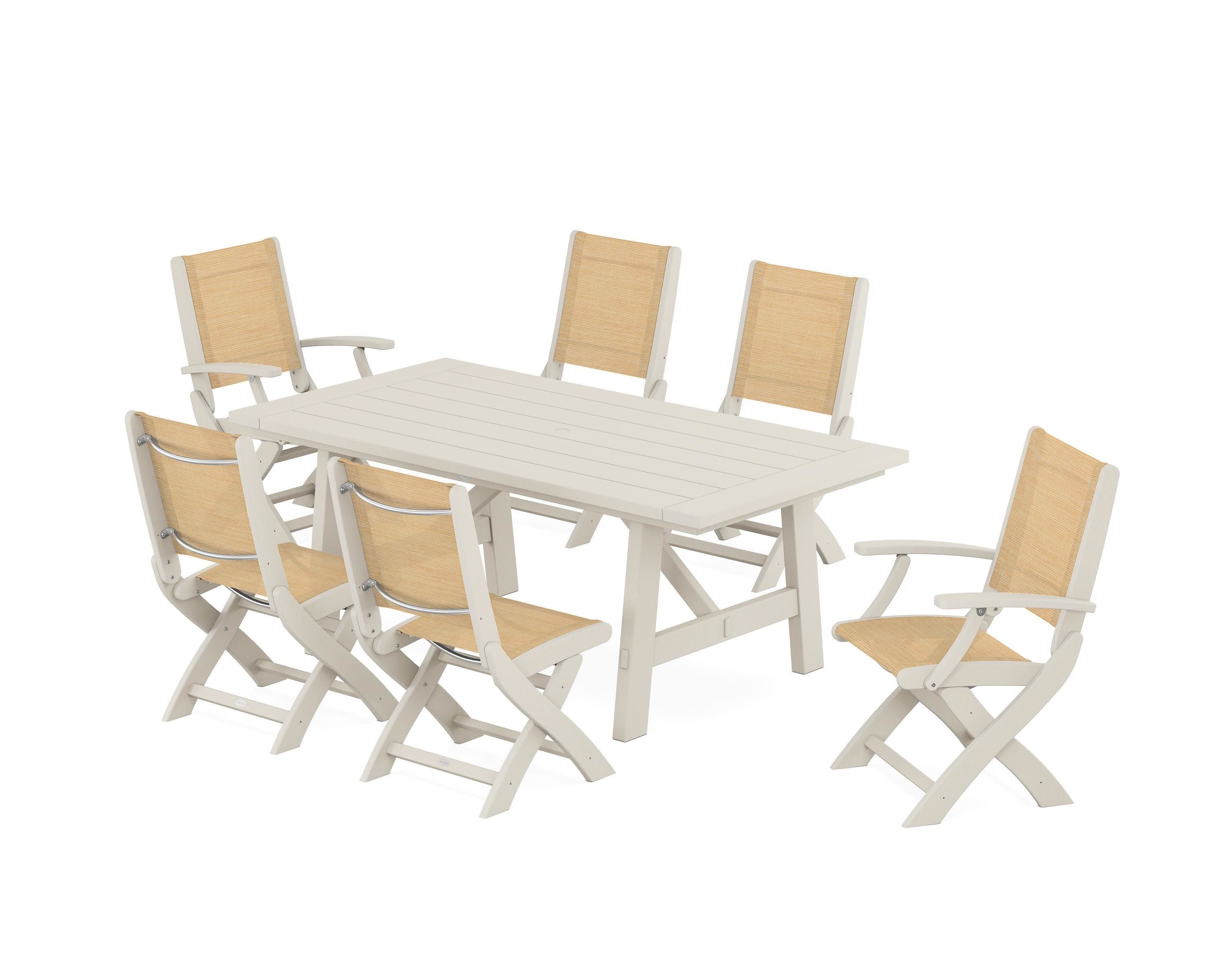 Coastal Folding Chair 7-Piece Rustic Farmhouse Dining Set in Sand / Dupioni Apricot Sling