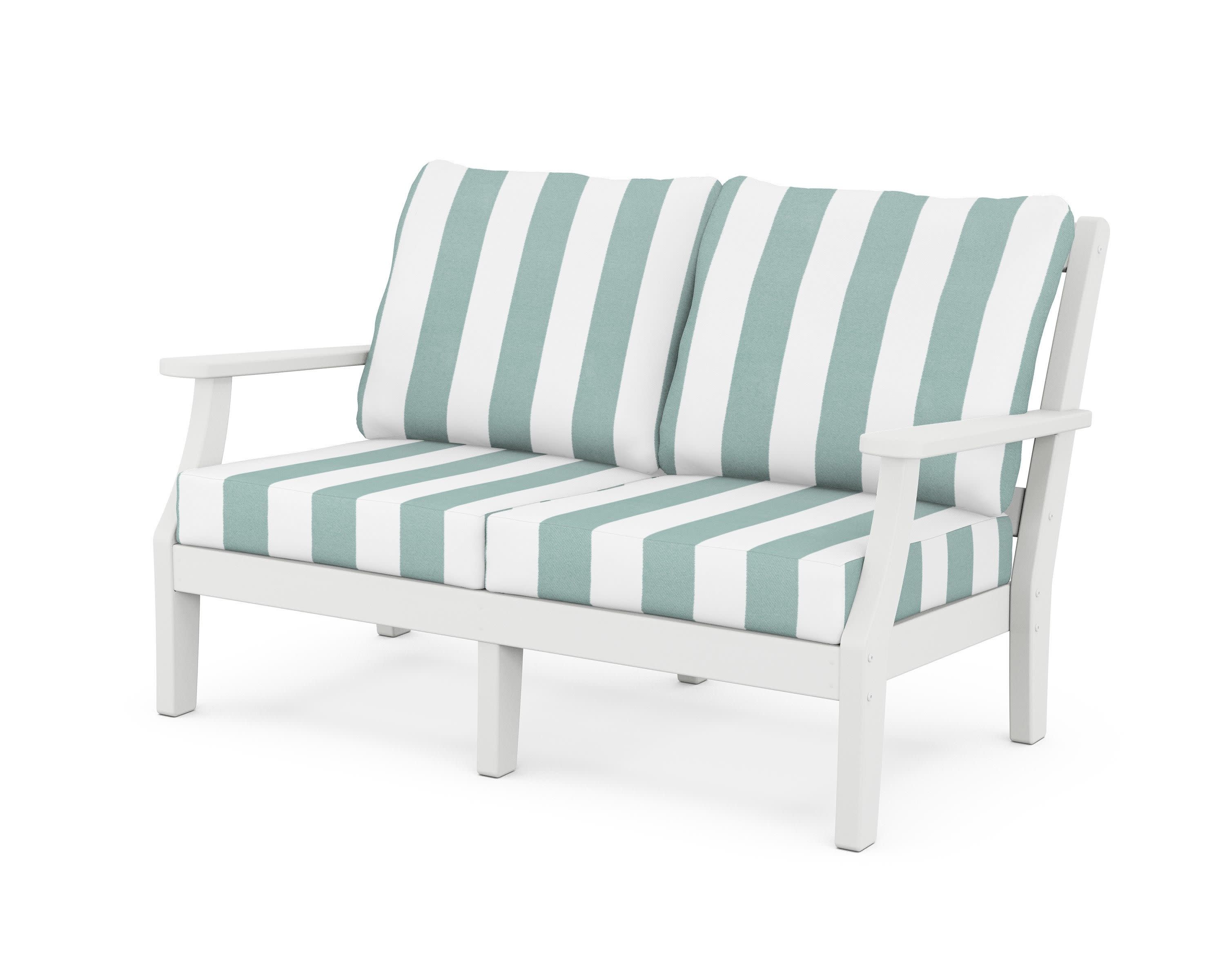 Chinoiserie Deep Seating Loveseat in White / Cabana Stripe Glacier Spa