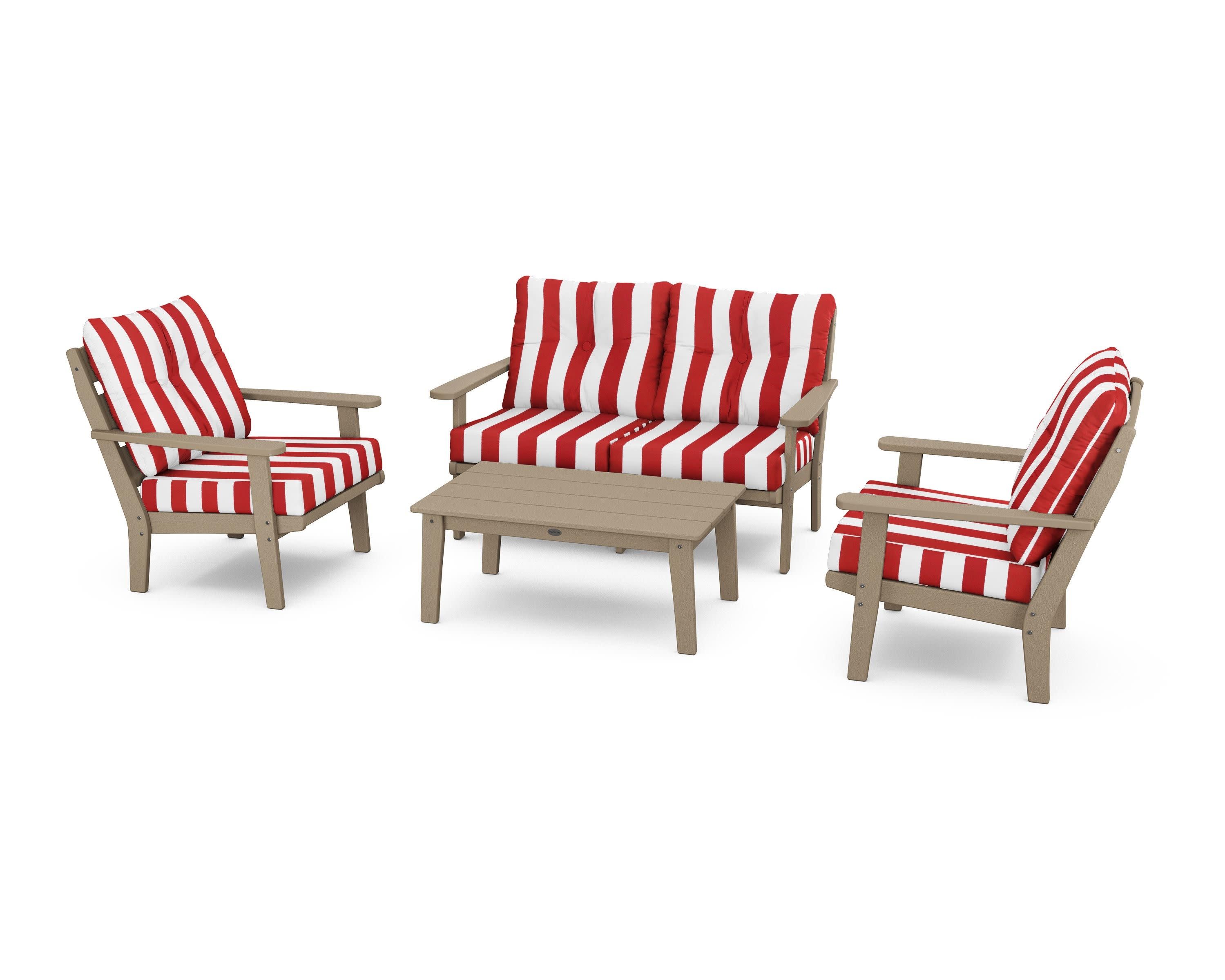 Lakeside 4-Piece Deep Seating Set in Vintage Sahara / Cabana Stripe Crimson