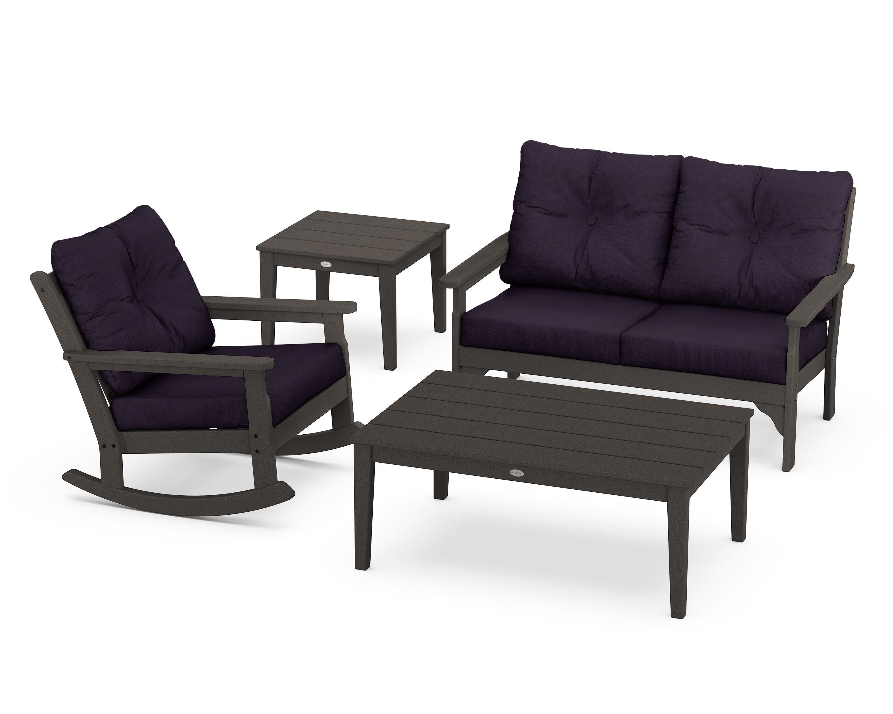 Vineyard 4-Piece Deep Seating Rocker Set in Vintage Coffee / Navy Linen