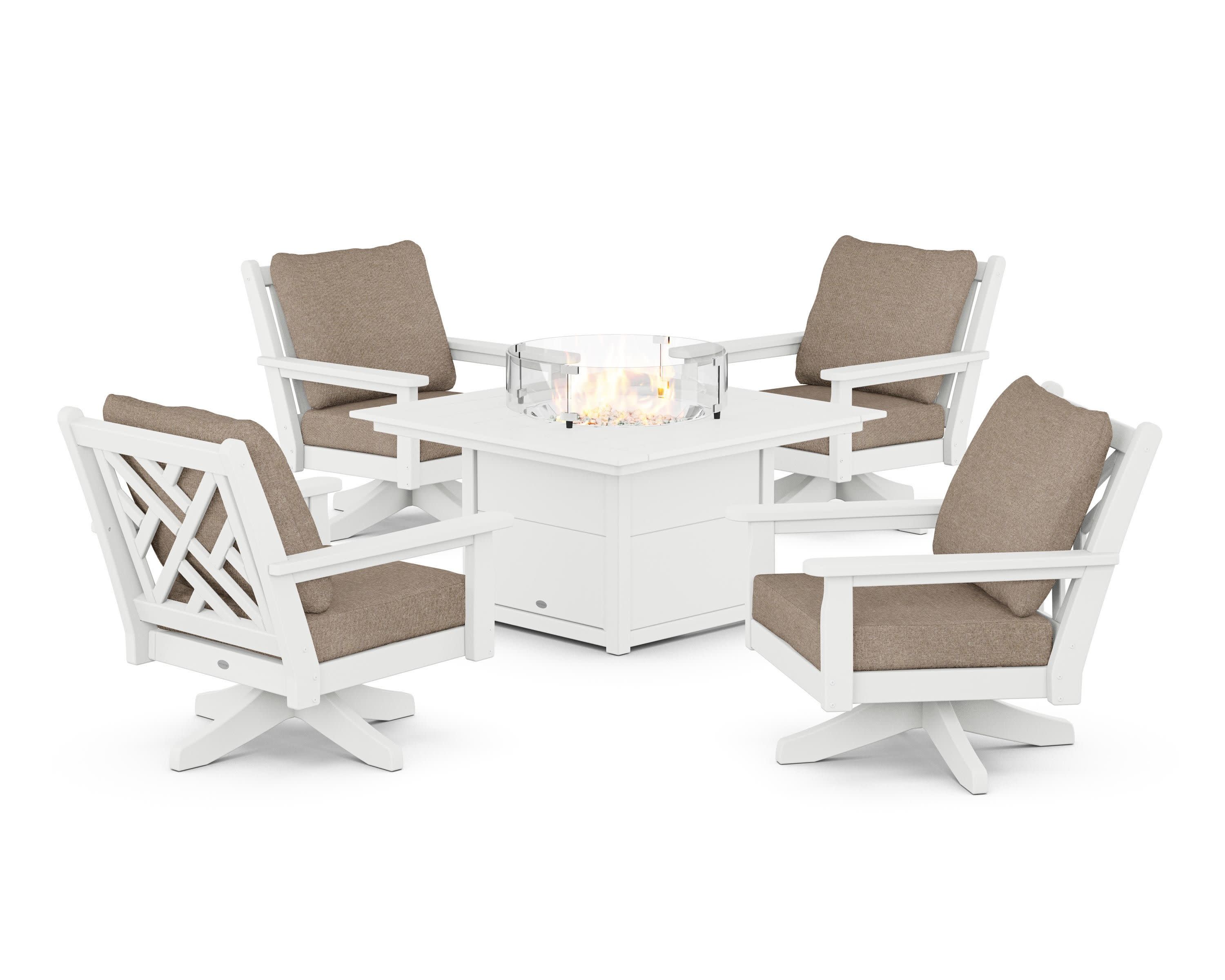 Chippendale 5-Piece Deep Seating Swivel Conversation Set with Fire Pit Table in White / Spiced Burlap