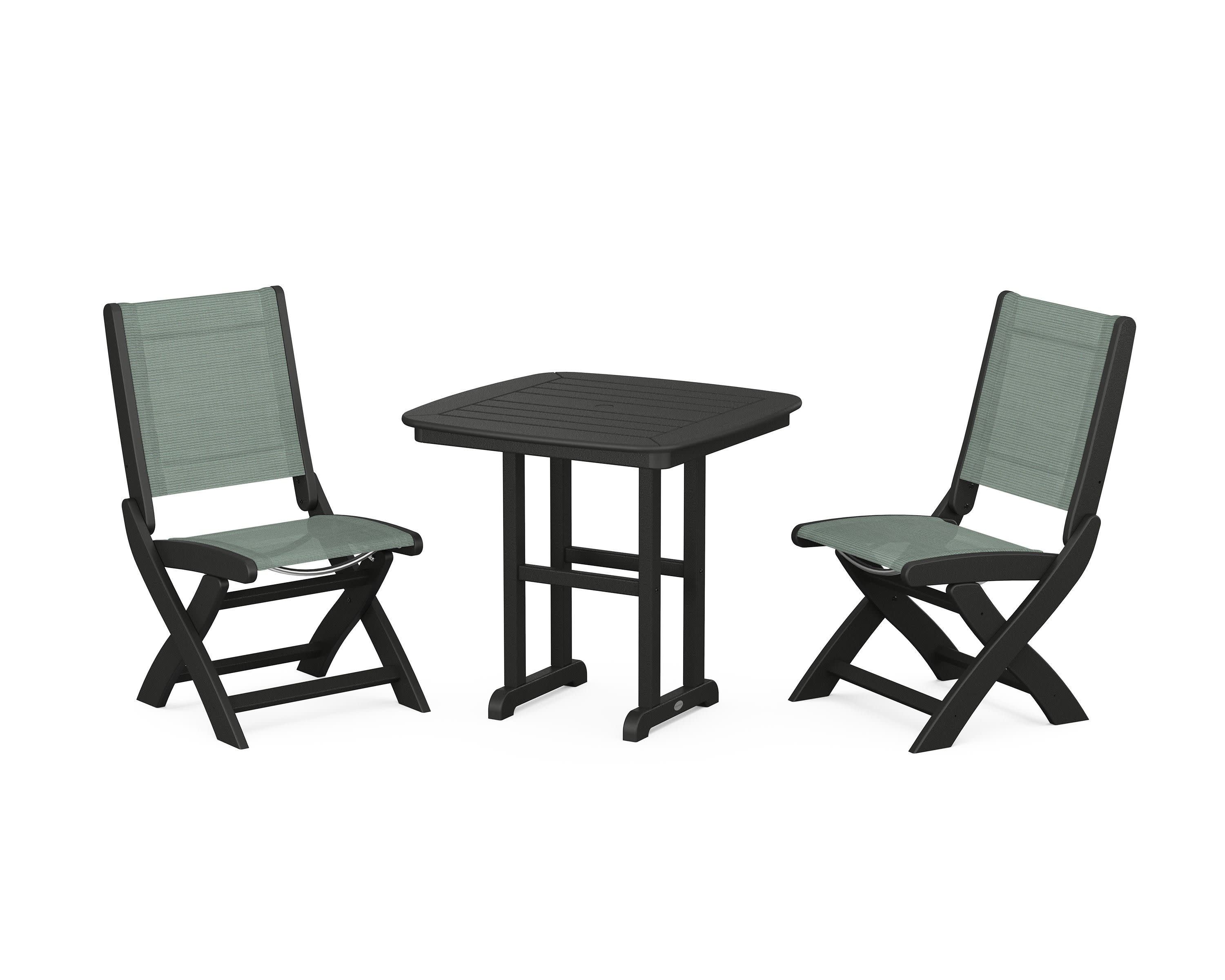 Coastal Folding Side Chair 3-Piece Dining Set in Black / Dupioni Sea Mist Sling