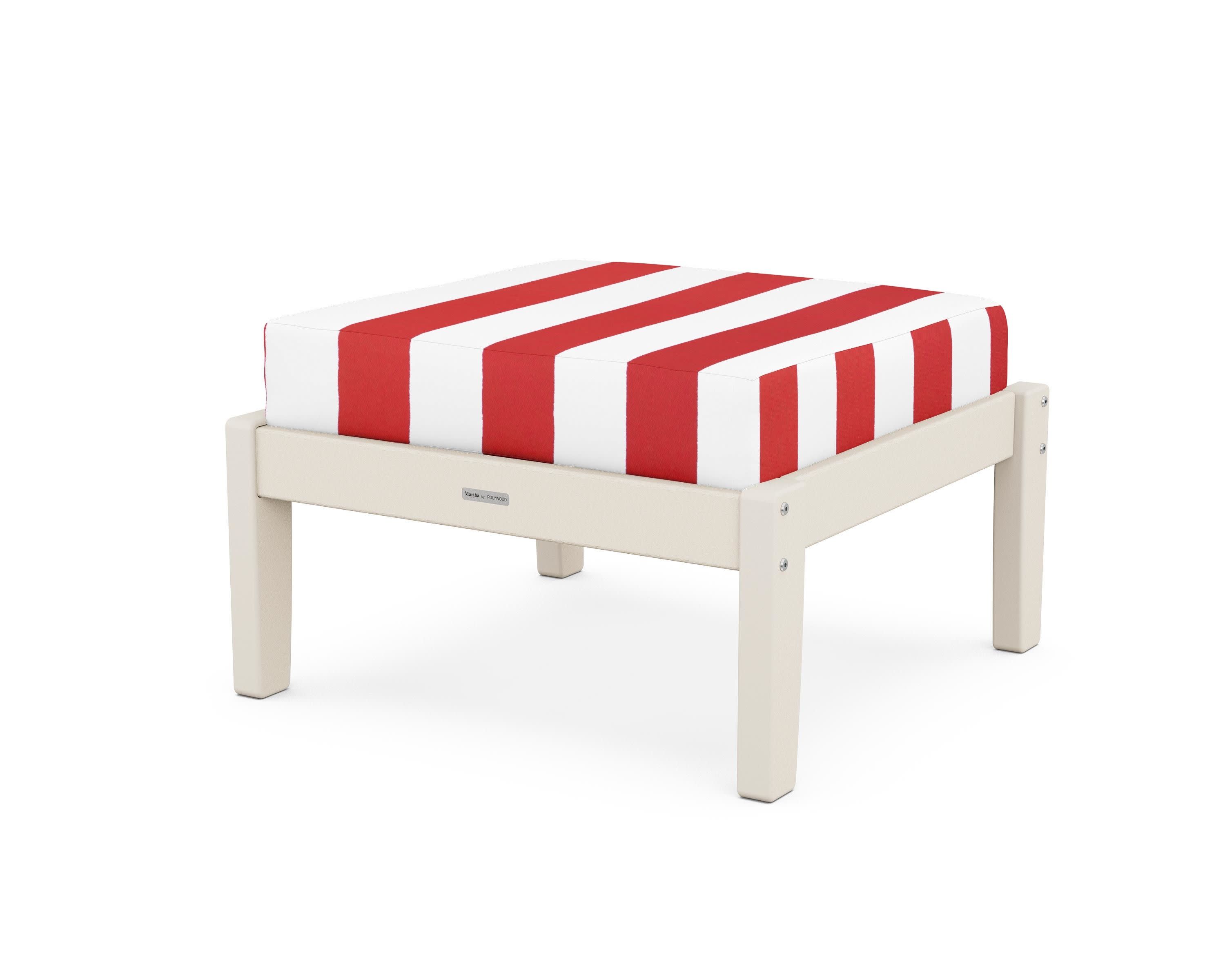 Chinoiserie Deep Seating Ottoman in Sand / Cabana Stripe Crimson