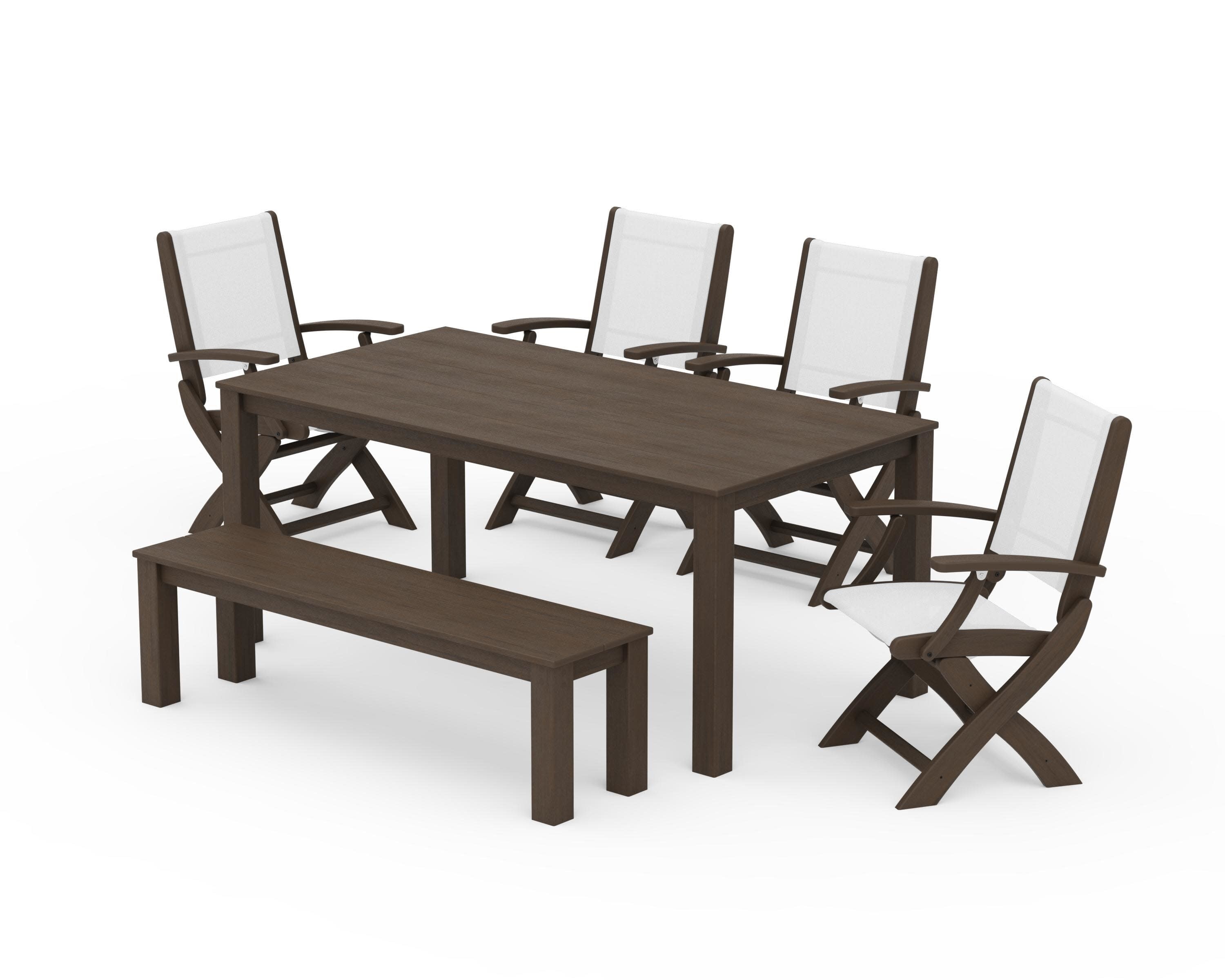 Coastal Folding Chair 6-Piece Parsons Dining Set with Bench in Kona / White Sling