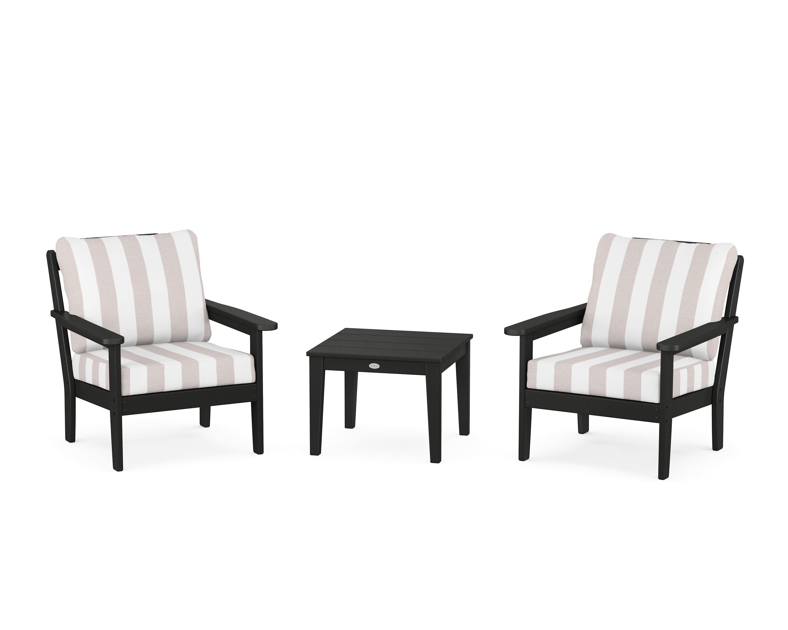 Cottage 3-Piece Deep Seating Set in Black / Cabana Stripe Dune Burlap
