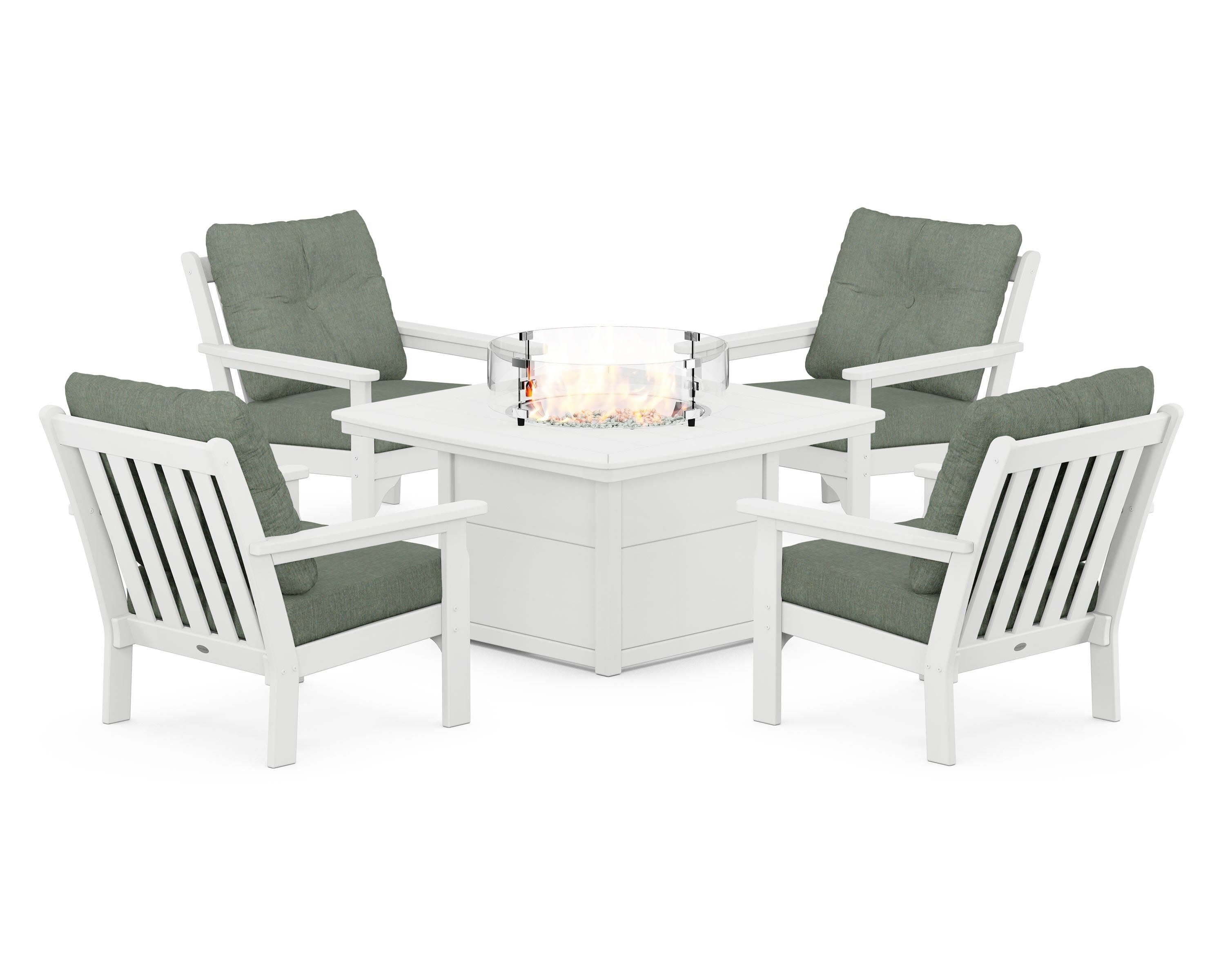 Vineyard 5-Piece Conversation Set with Fire Pit Table in White / Cast Sage