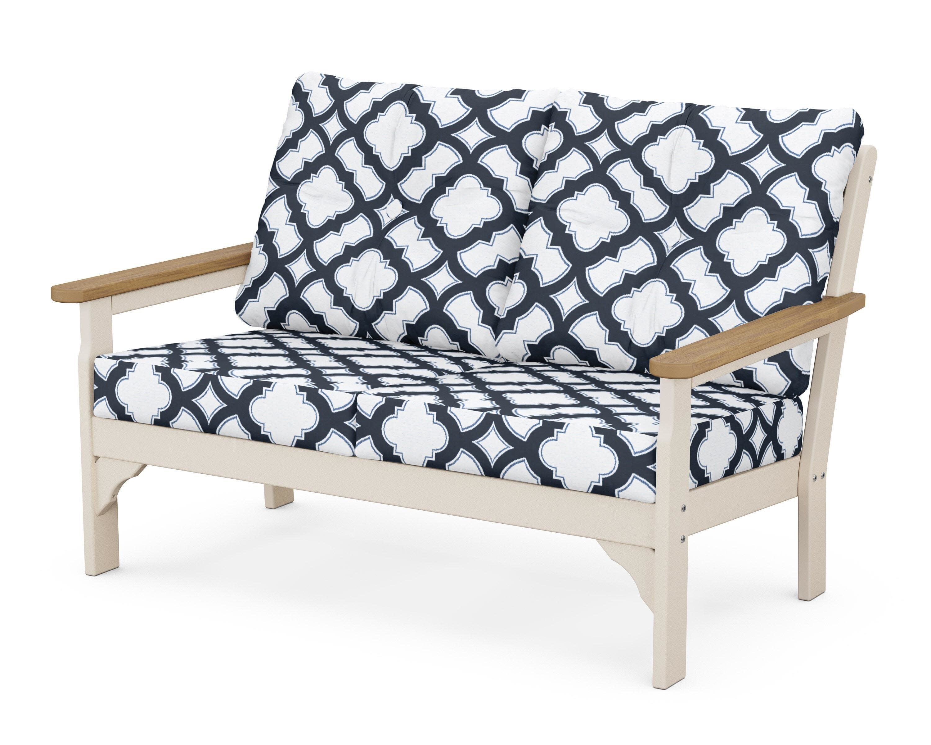 Vineyard Deep Seating Loveseat in Sand / Natural / Trellis Marine Indigo