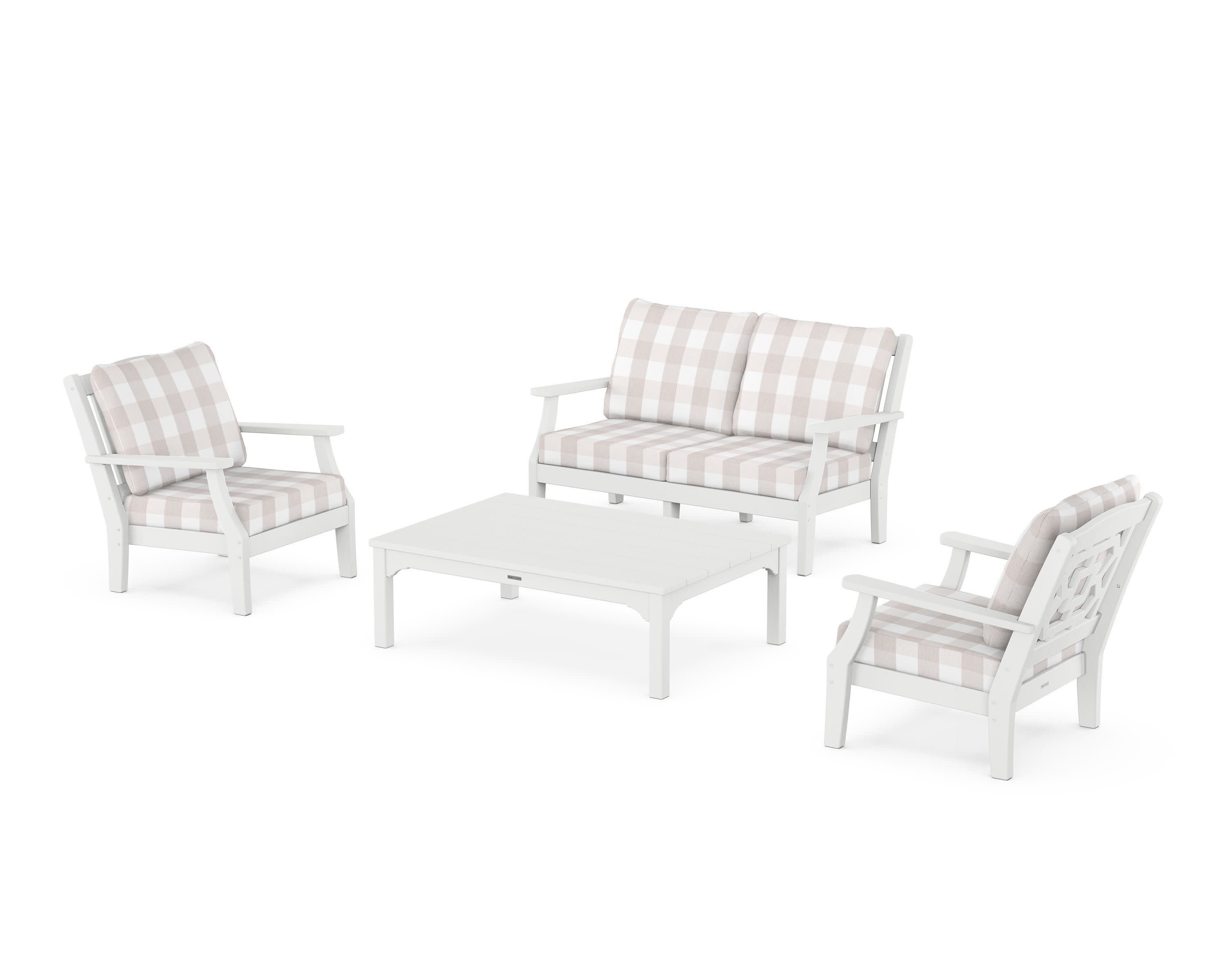 Chinoiserie 4-Piece Deep Seating Set with Loveseat in White / Buffalo Plaid Dune Burlap