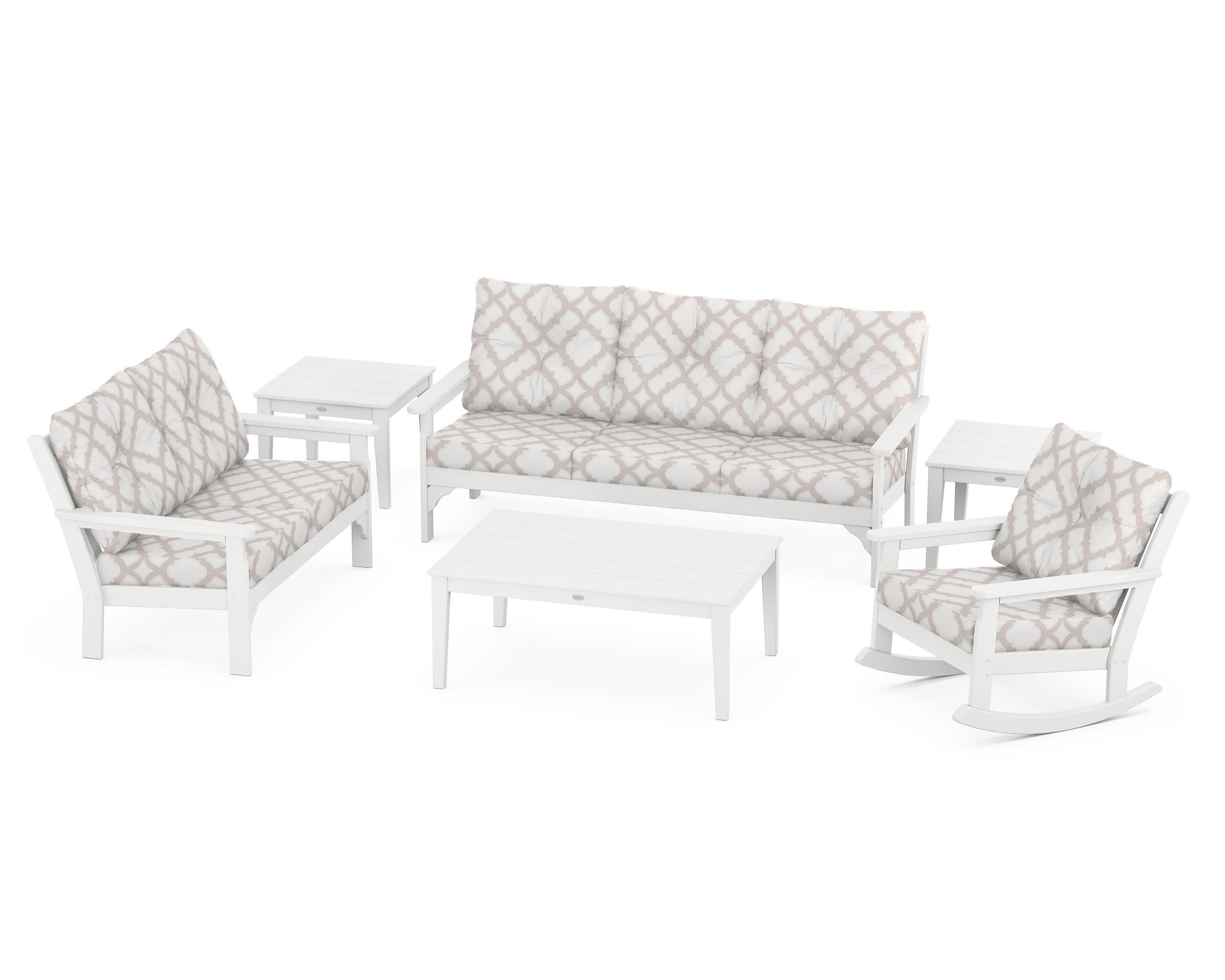 Vineyard 6-Piece Deep Seating Set in White / Trellis Dune Burlap