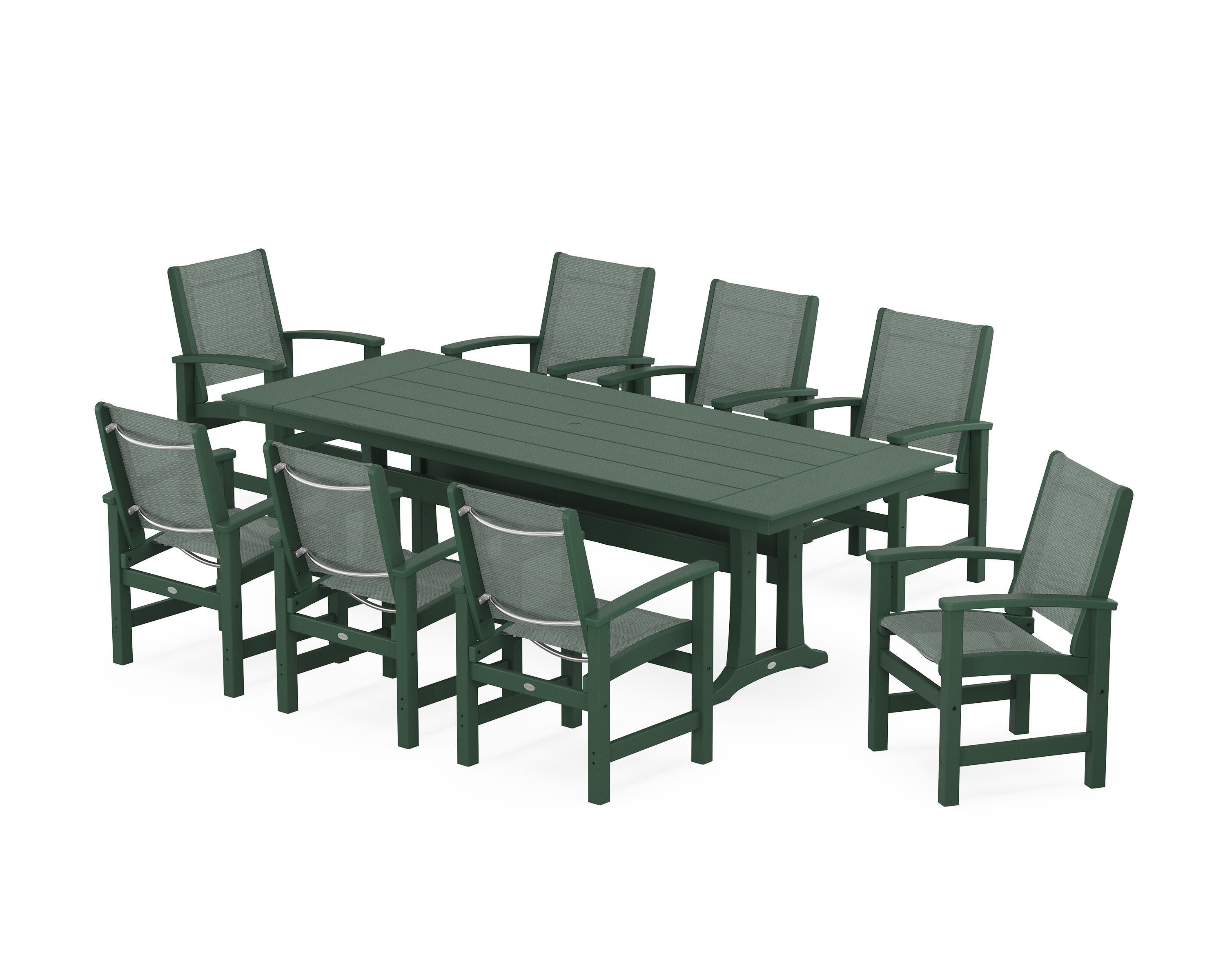Coastal 9-Piece Farmhouse Dining Set with Trestle Legs in Green / Dupioni Sea Mist Sling
