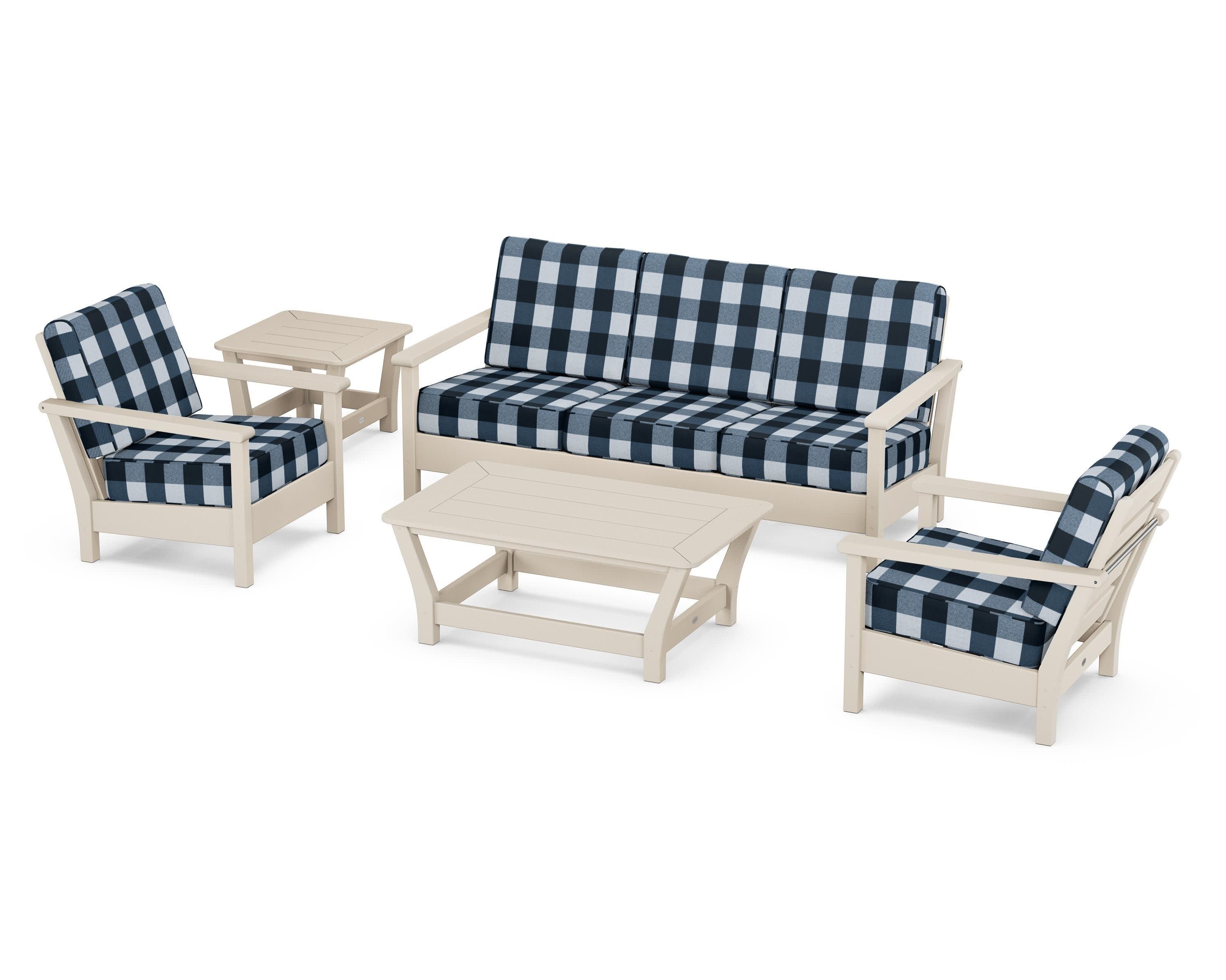 Harbour 5-Piece Deep Seating Set in Sand / Buffalo Plaid Marine Indigo
