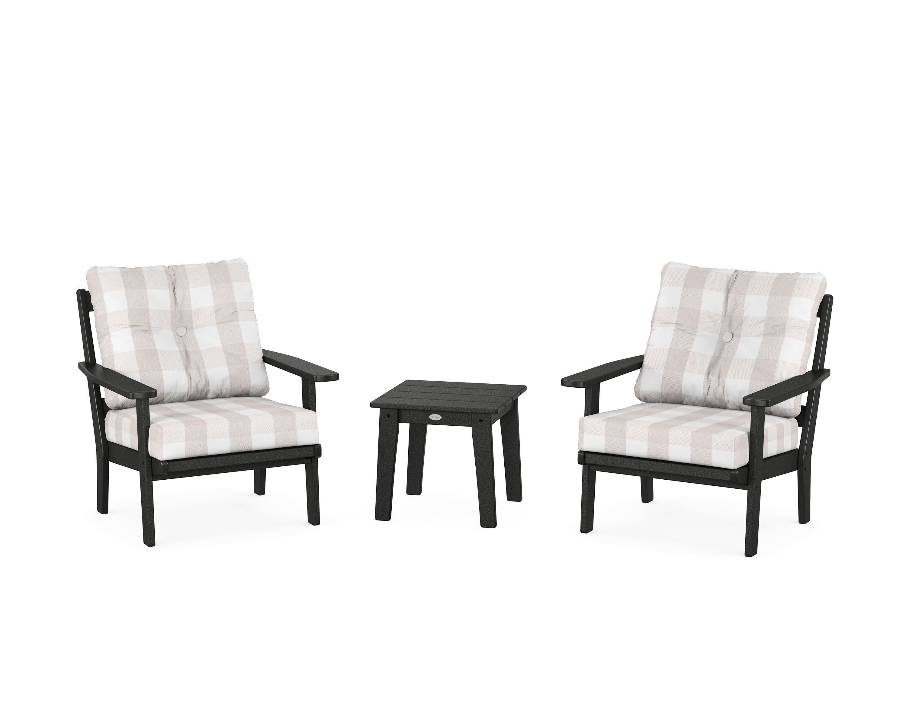 Oxford 3-Piece Deep Seating Set in Black / Buffalo Plaid Dune Burlap