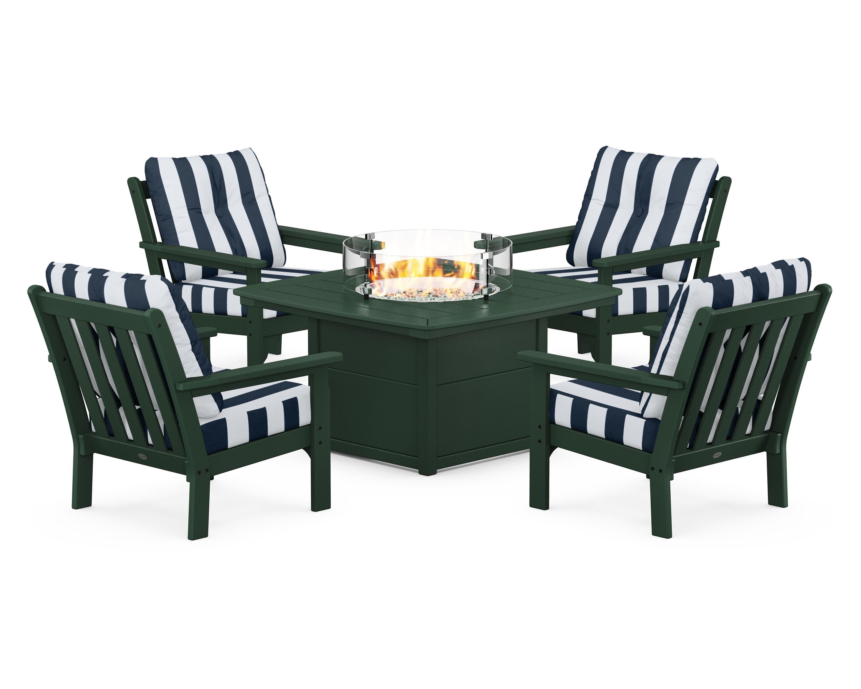 Vineyard 5-Piece Conversation Set with Fire Pit Table in Green / Cabana Stripe Marine Indigo