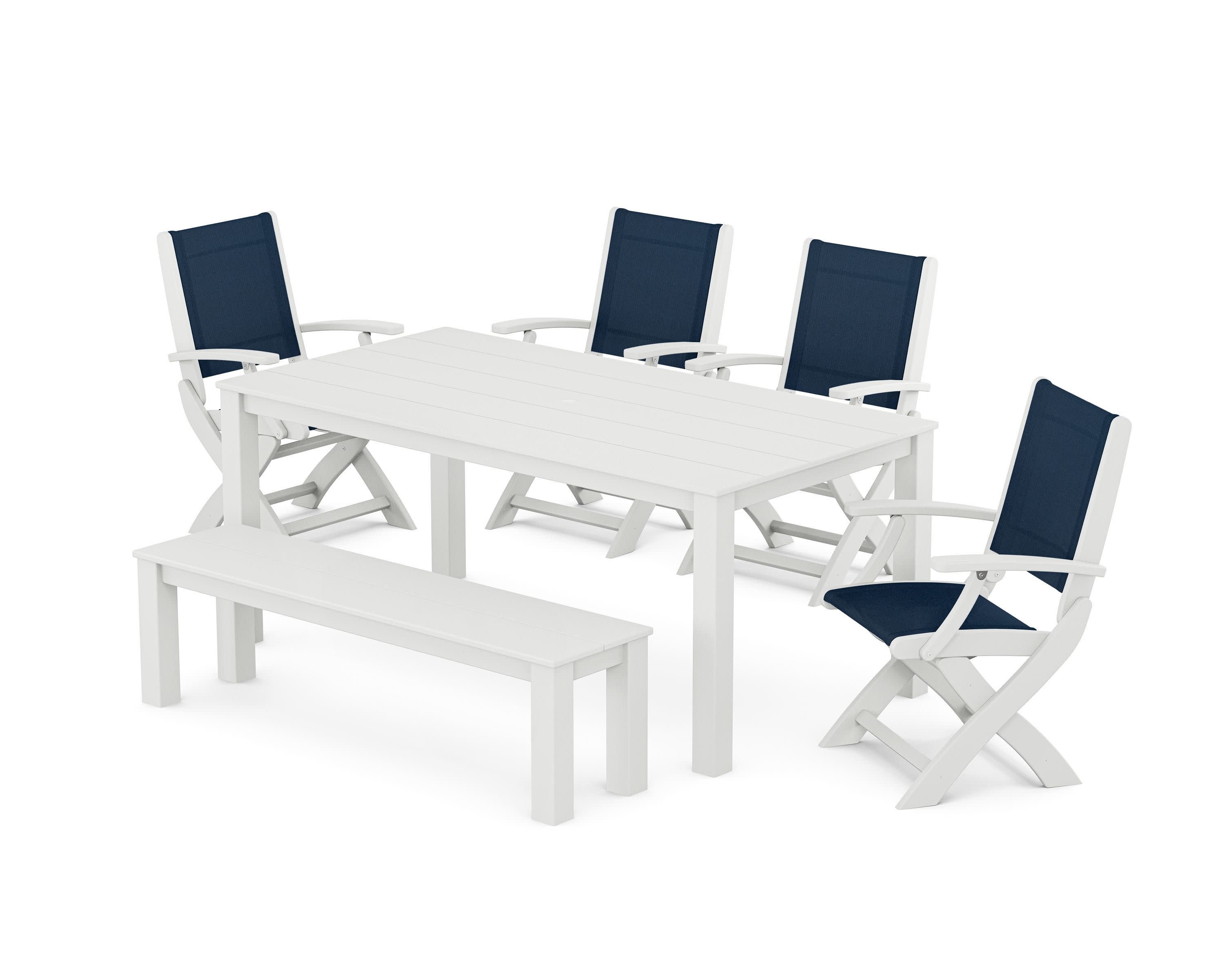 Coastal Folding Chair 6-Piece Parsons Dining Set with Bench in White / Navy Blue Sling