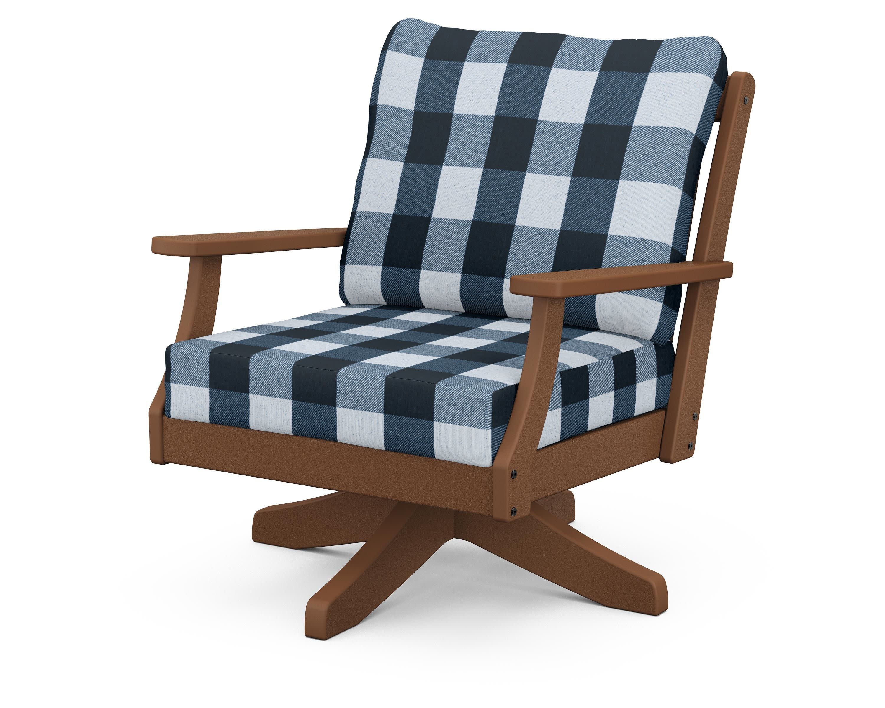 Braxton Deep Seating Swivel Chair in Teak / Buffalo Plaid Marine Indigo