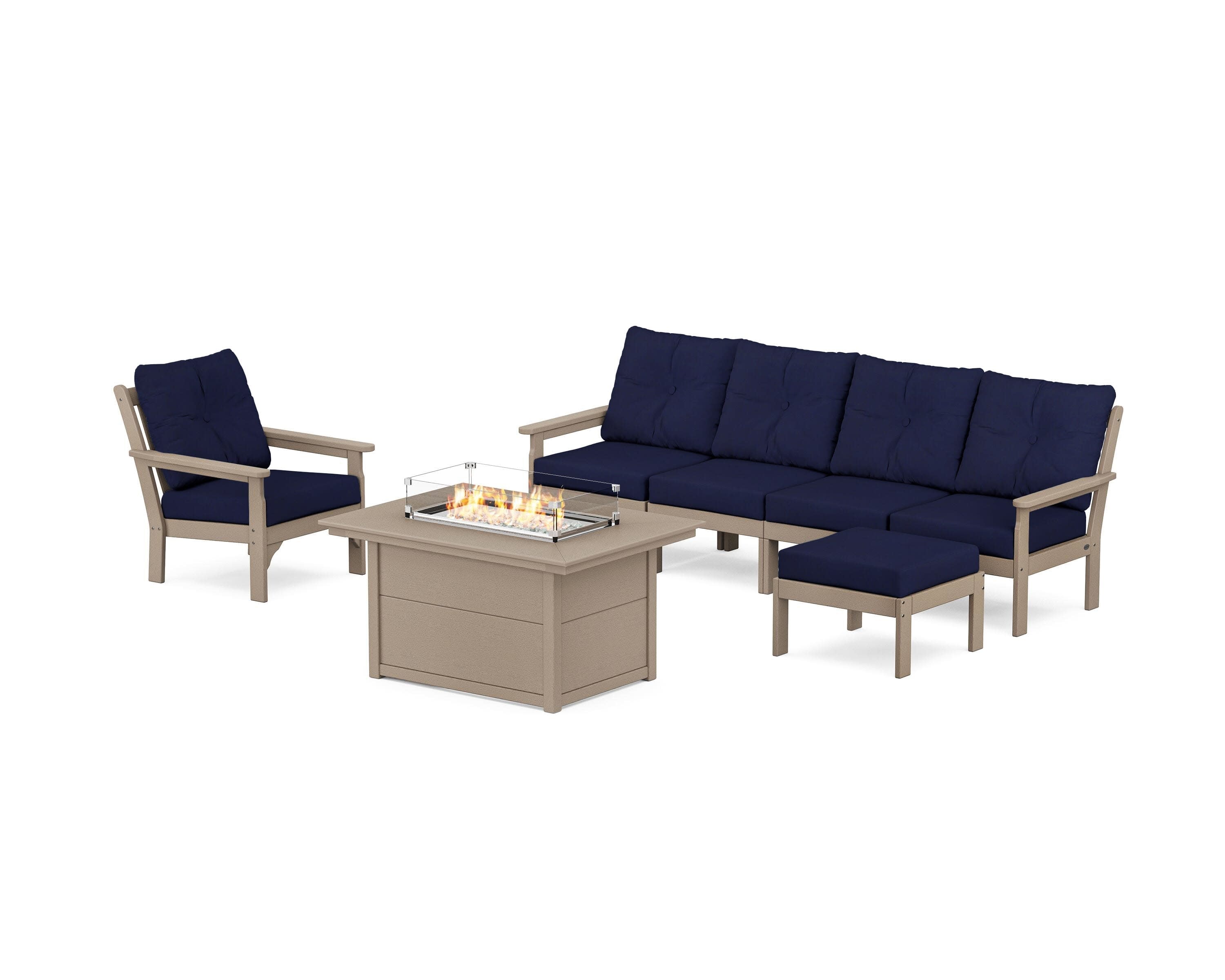 Vineyard Sectional Lounge and Fire Pit Set in Vintage Sahara / Navy