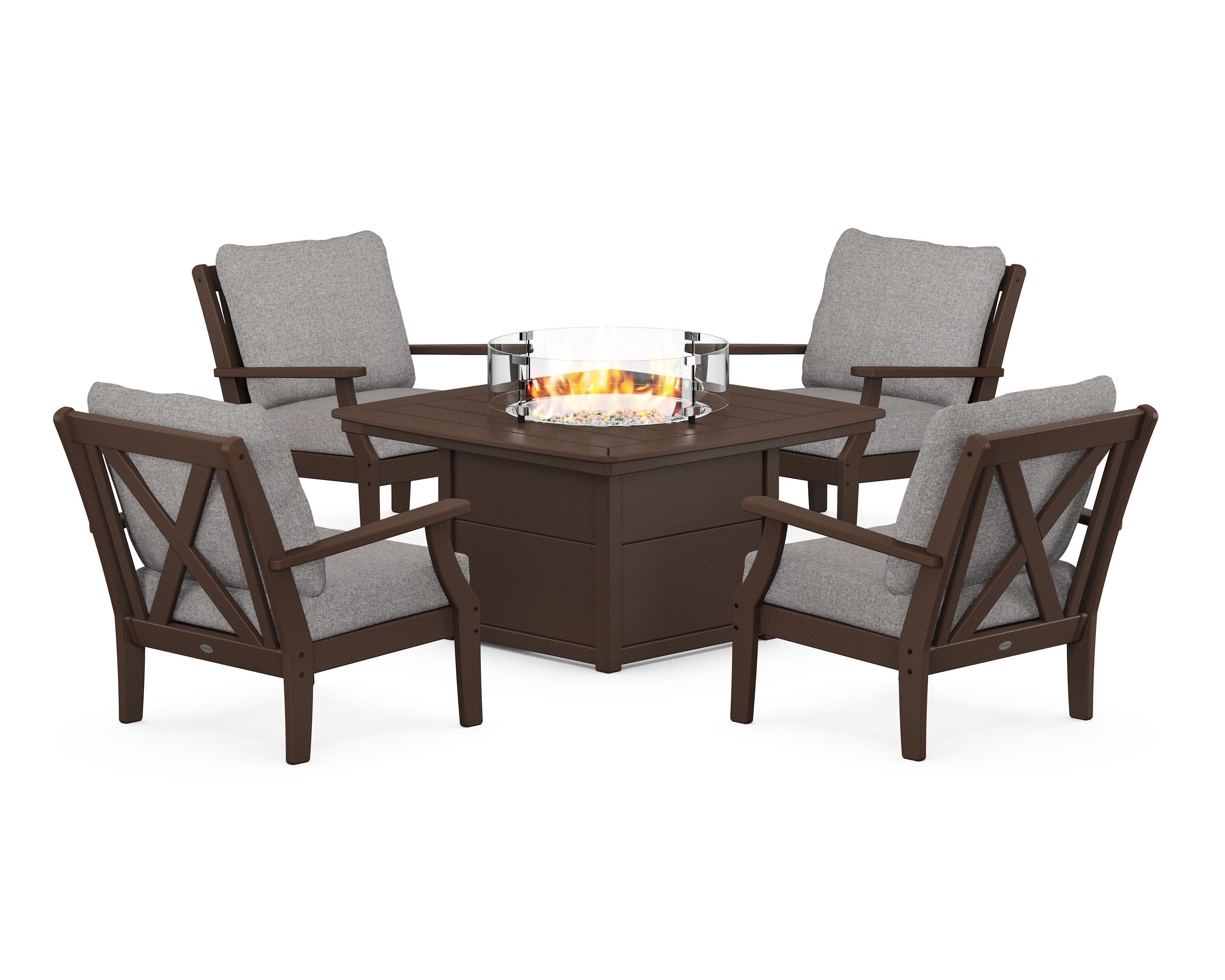 Braxton 5-Piece Deep Seating Conversation Set with Fire Pit Table in Mahogany / Grey Mist
