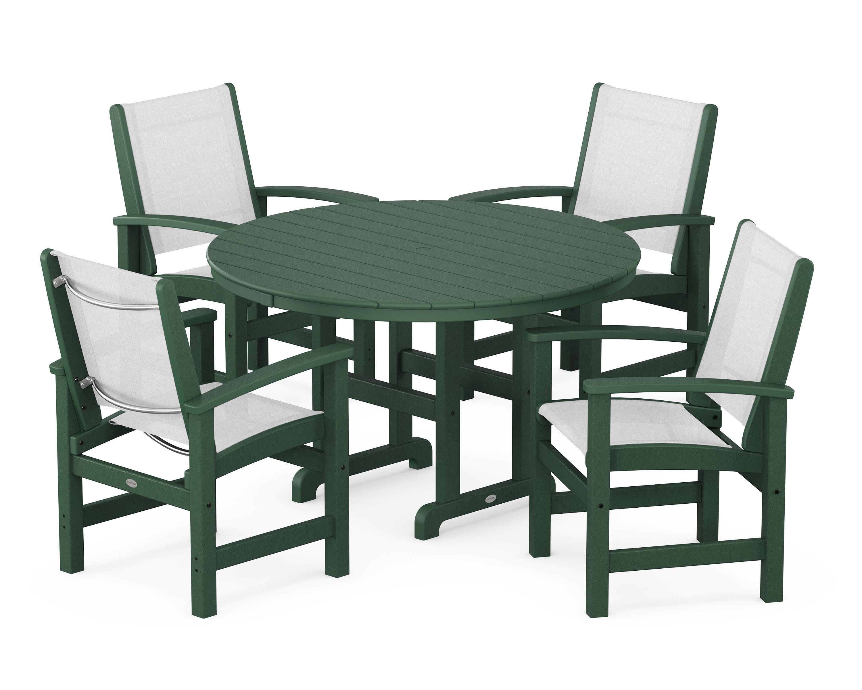 Coastal 5-Piece Round Farmhouse Dining Set in Green / White Sling