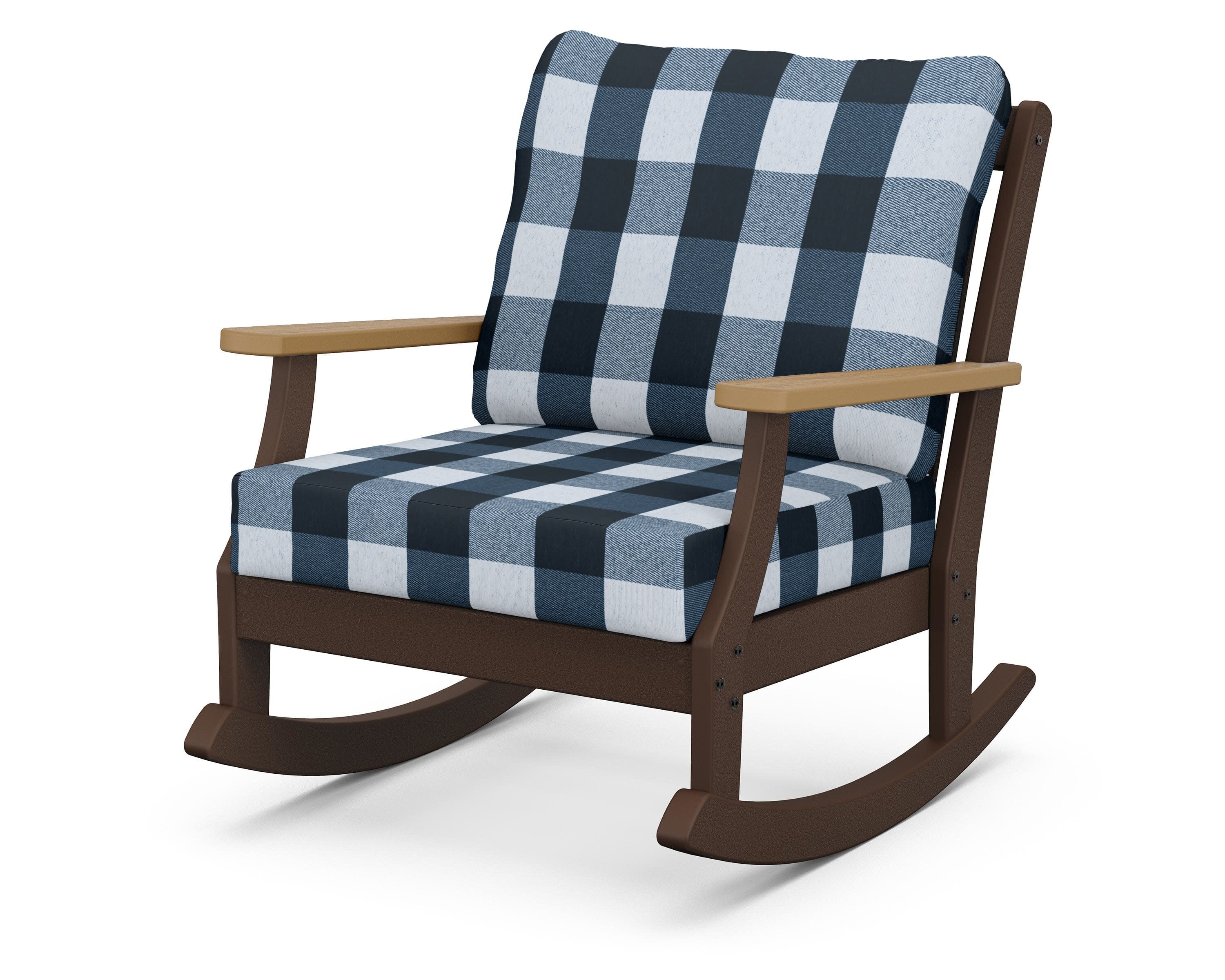 Braxton Deep Seating Rocking Chair in Mahogany / Natural / Buffalo Plaid Marine Indigo