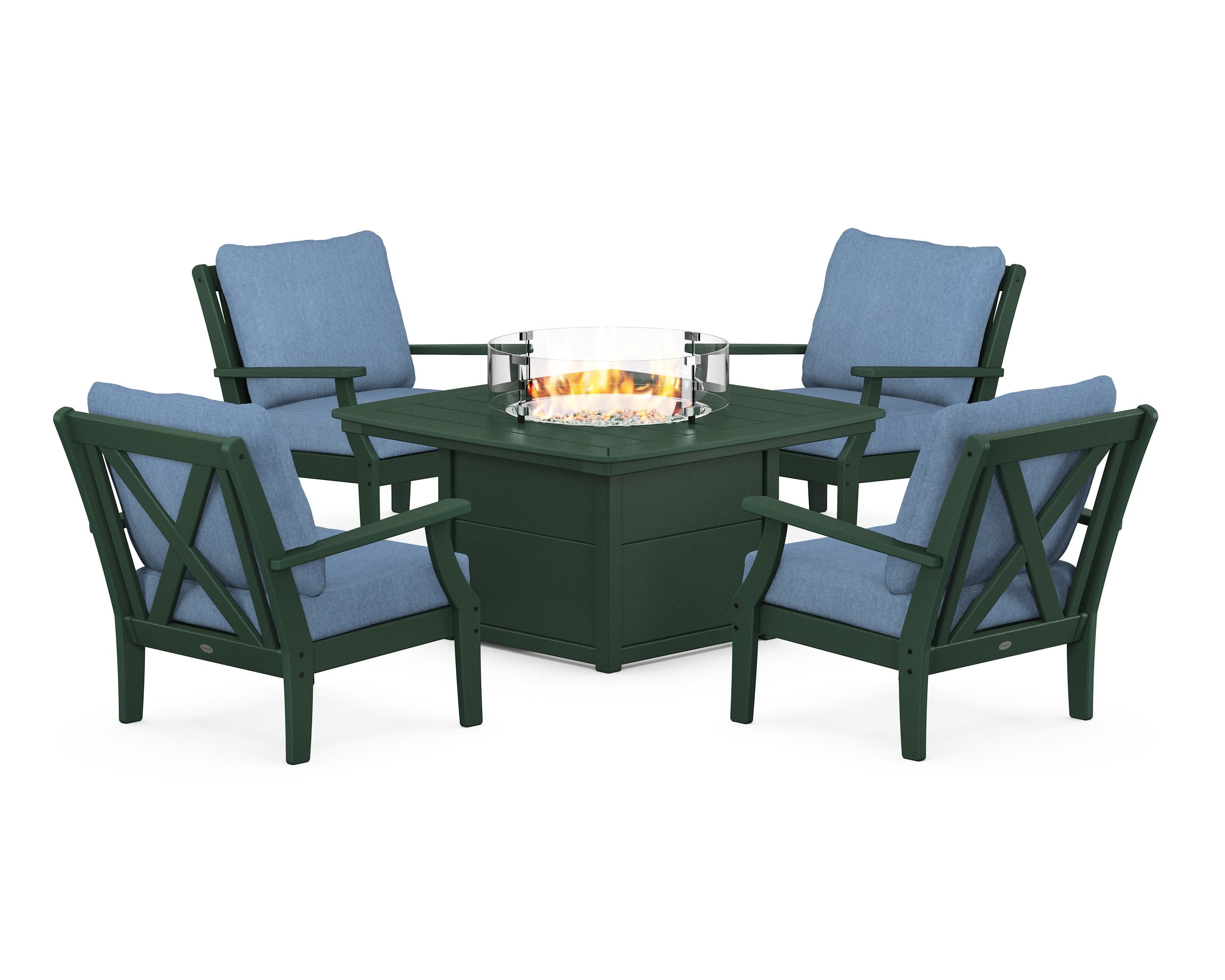 Braxton 5-Piece Deep Seating Conversation Set with Fire Pit Table in Green / Sky Blue