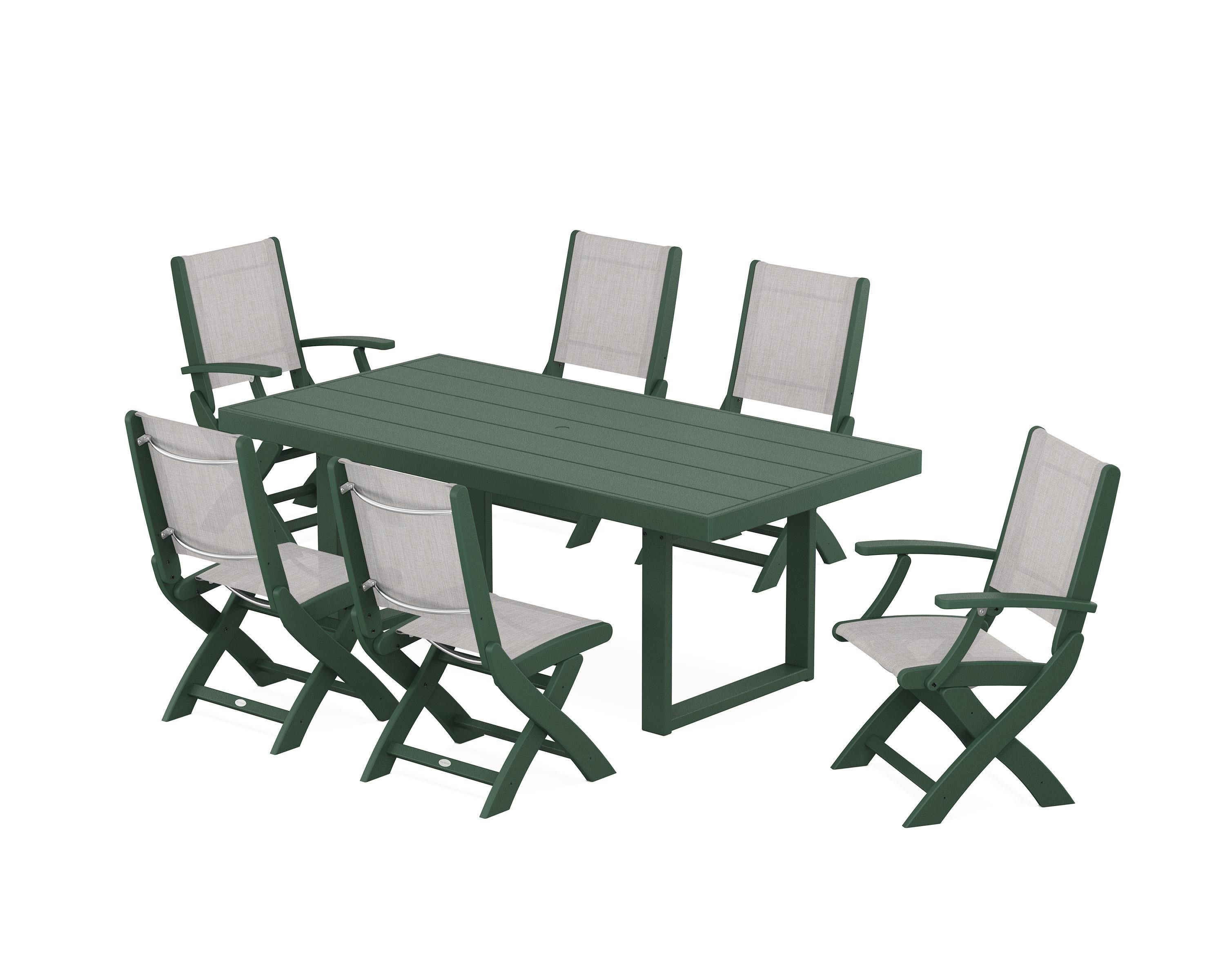 Coastal Folding Chair 7-Piece Dining Set with Trestle Legs in Green / Parchment Sling