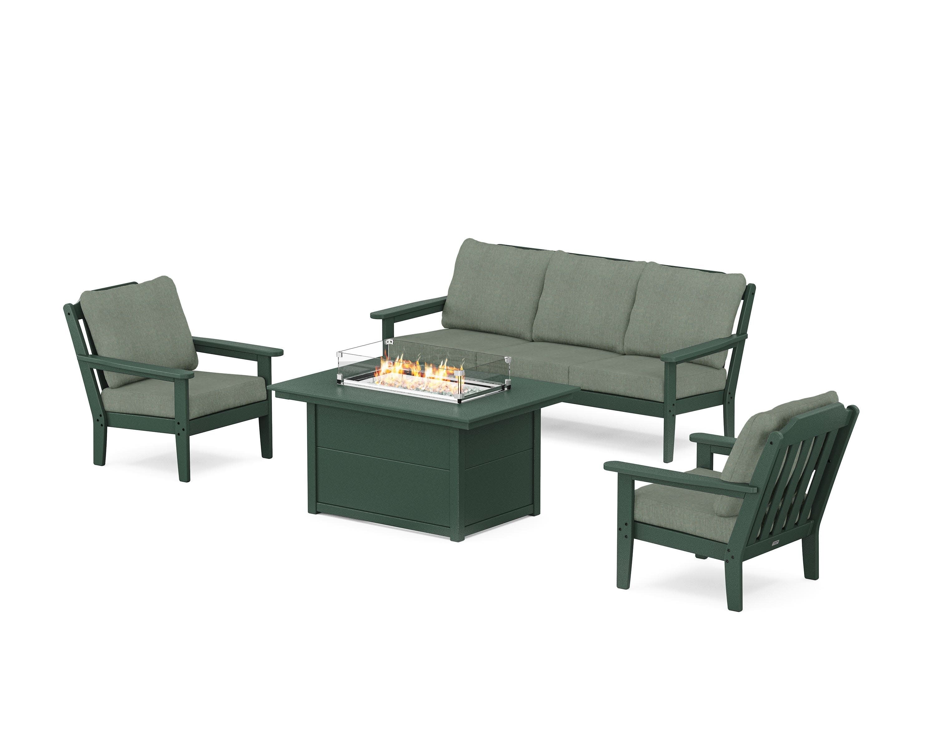 Cottage Deep Seating Fire Pit Table Set in Green / Cast Sage
