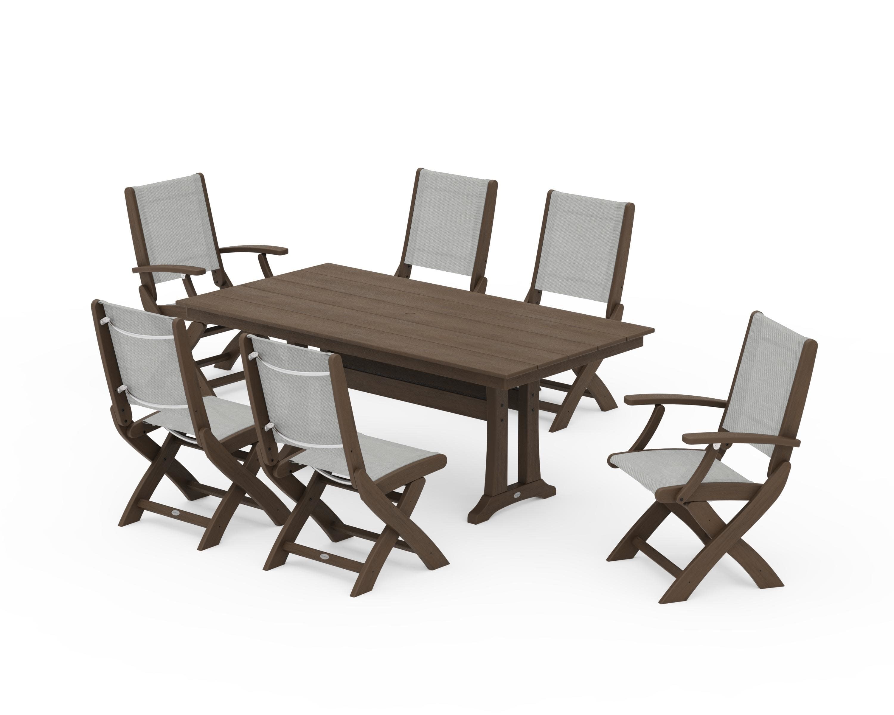 Coastal Folding Chair 7-Piece Farmhouse Dining Set with Trestle Legs in Kona / Metallic Sling