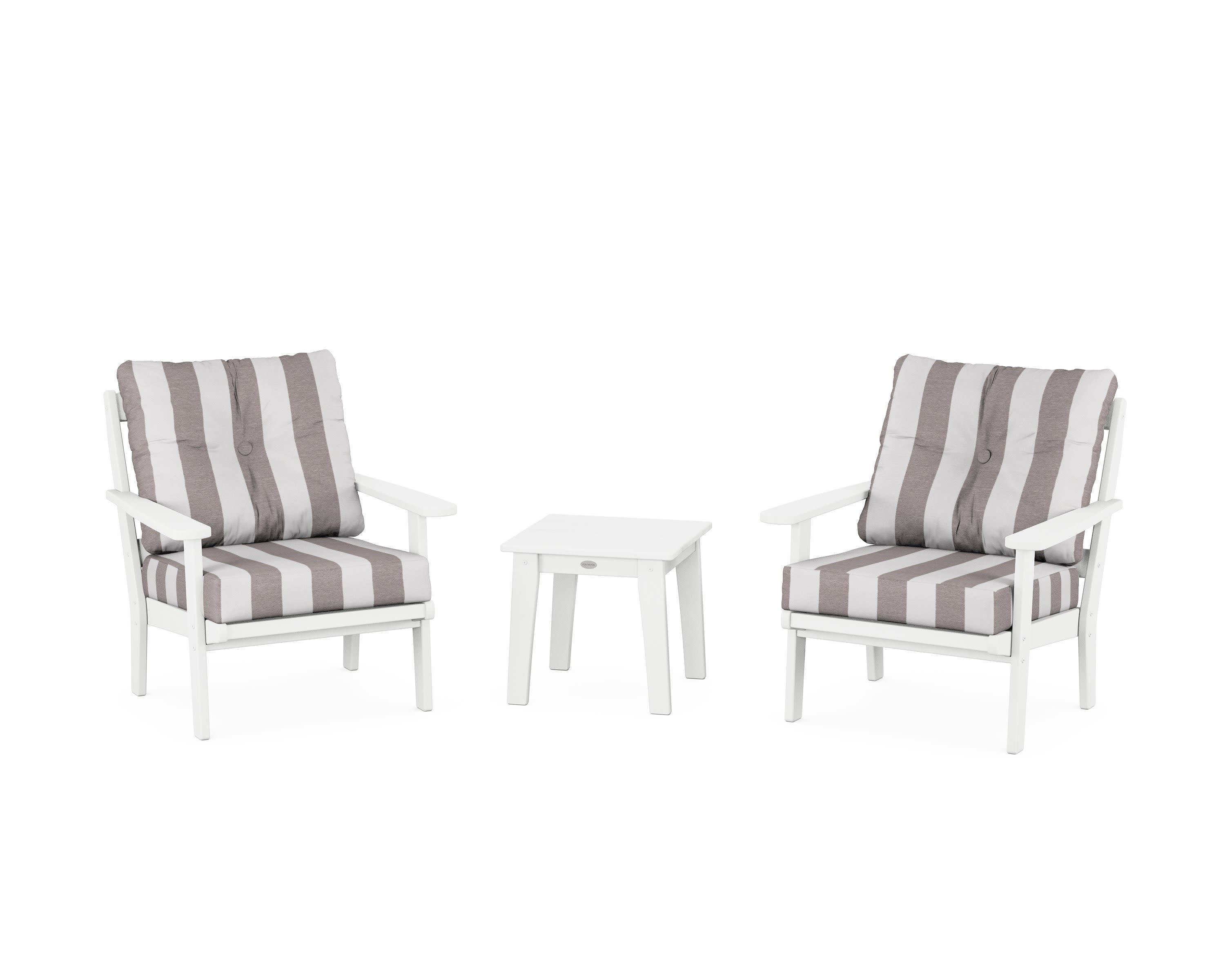 Mission 3-Piece Deep Seating Set in White / Cabana Stripe Grey Mist