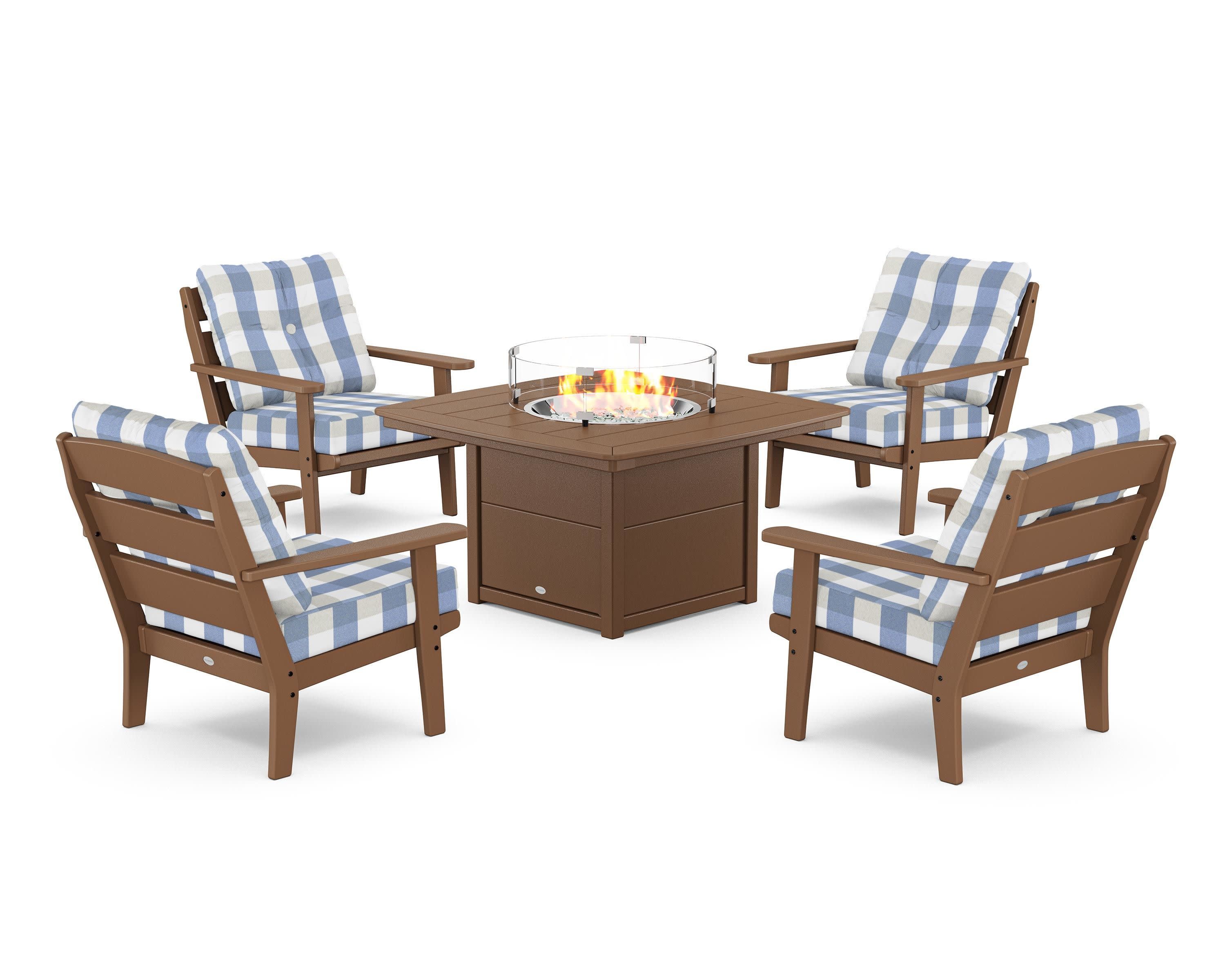 Lakeside 5-Piece Deep Seating Set with Nautical Fire Pit Table in Teak / Buffalo Plaid Sky Blue