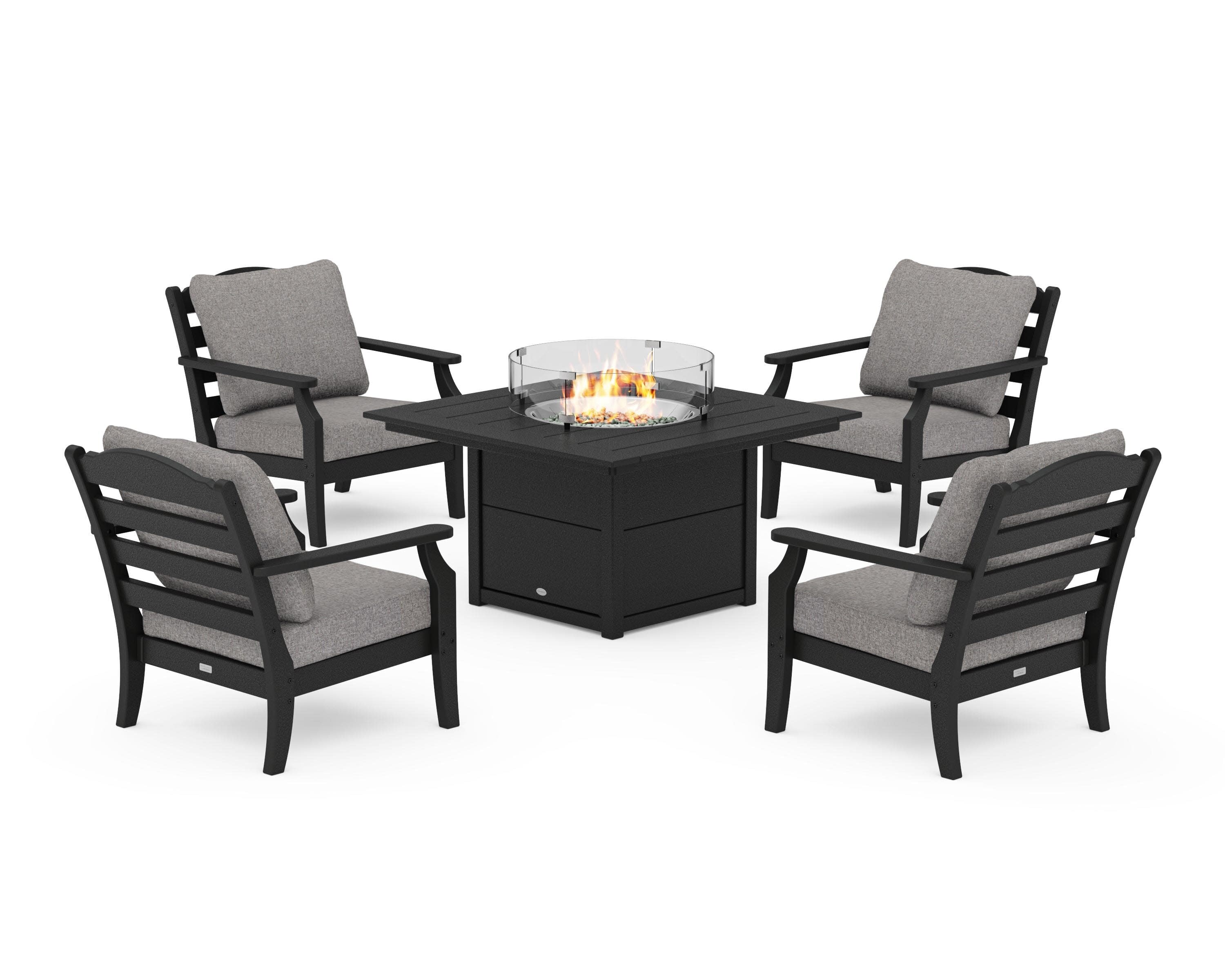 Savannah 5-Piece Deep Seating Set with Fire Pit Table in Black / Grey Mist