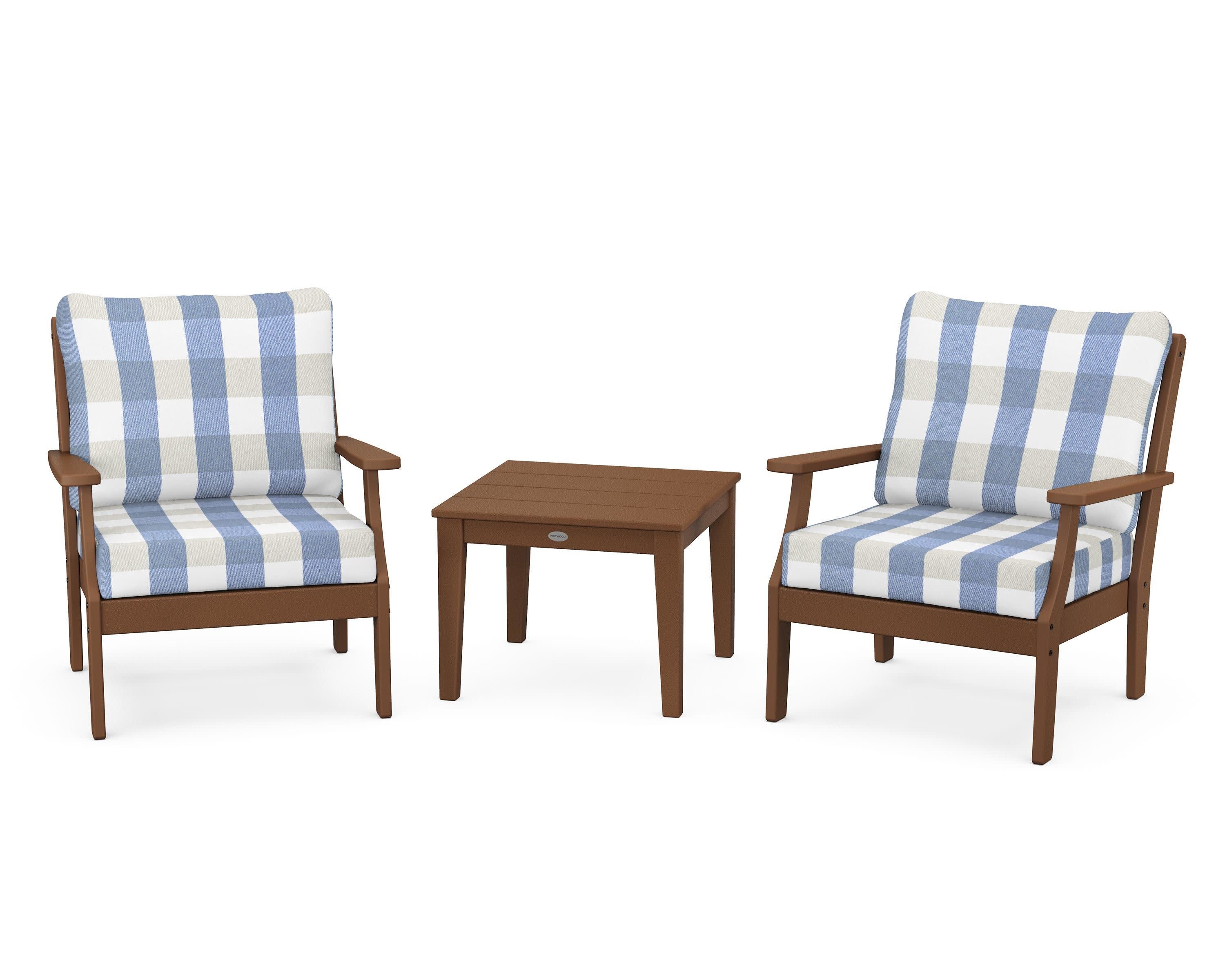 Braxton 3-Piece Deep Seating Set in Teak / Buffalo Plaid Sky Blue