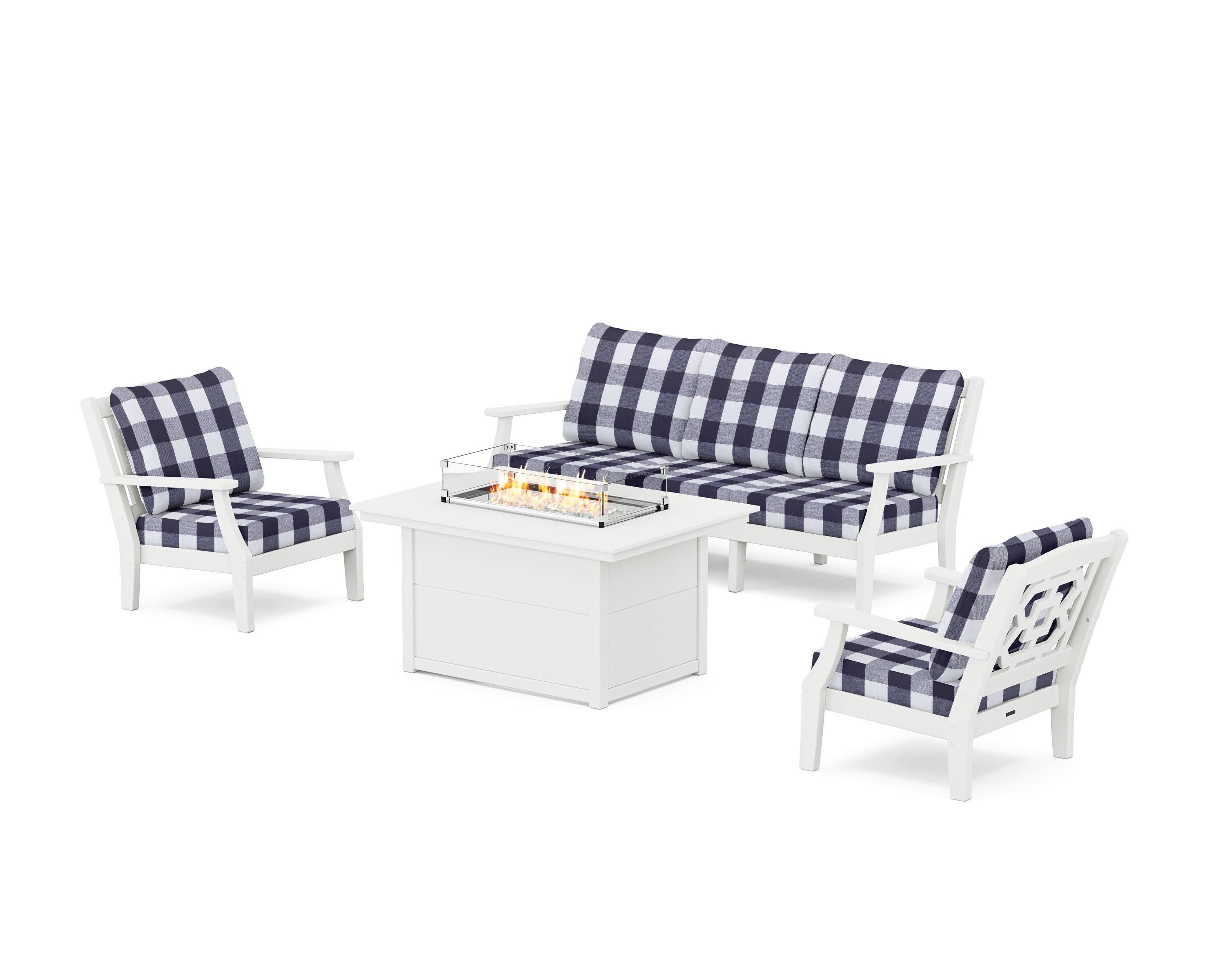 Chinoiserie Deep Seating Fire Pit Table Set in White / Buffalo Plaid Navy