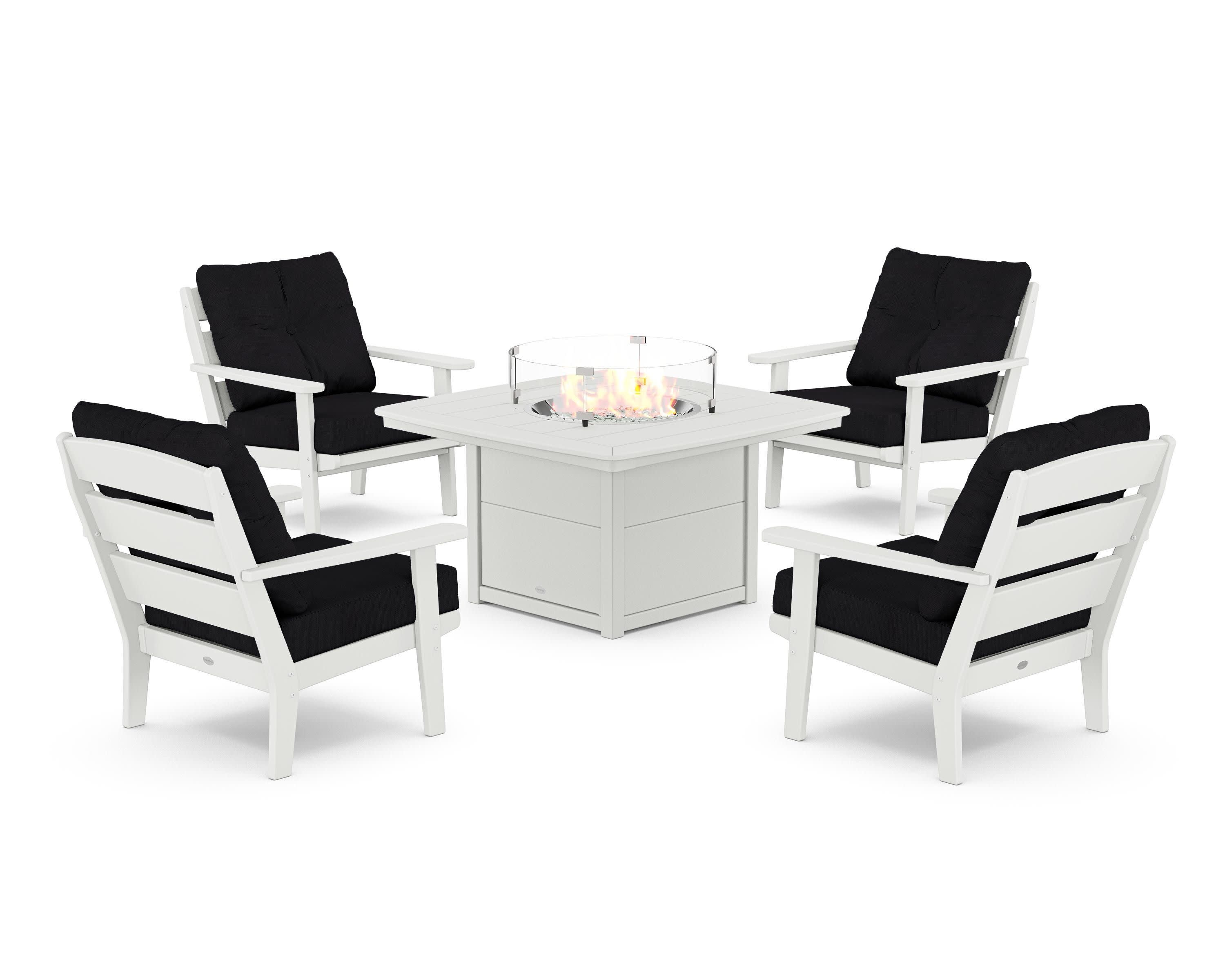 Lakeside 5-Piece Deep Seating Set with Nautical Fire Pit Table in White / Midnight Linen