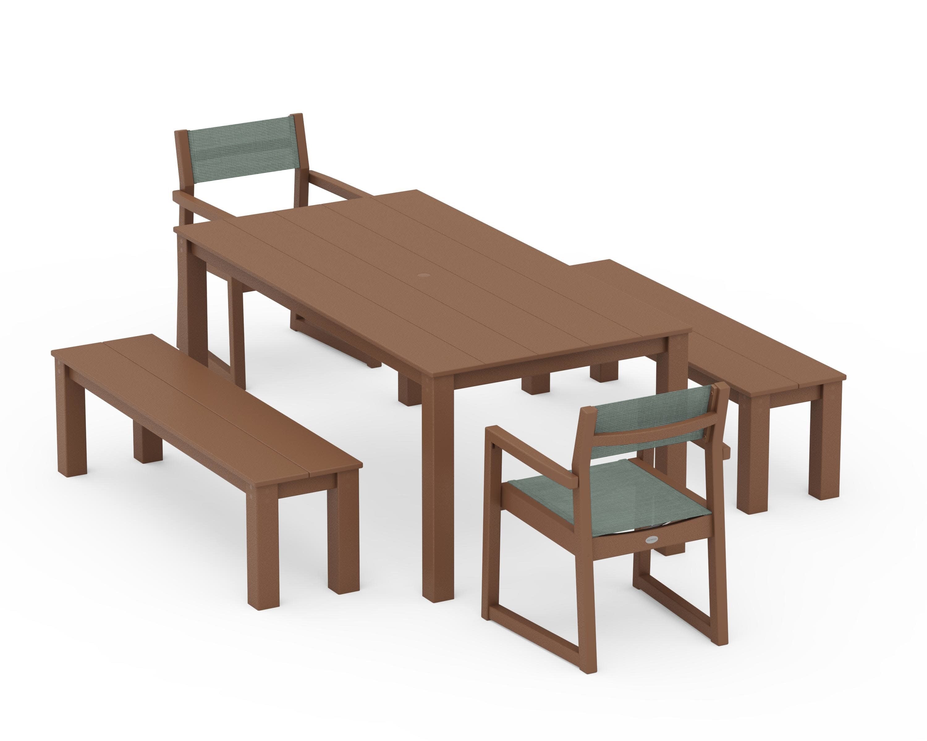 EDGE Sling Arm Chair 5-Piece Parsons Dining Set with Benches in Teak / Dupioni Sea Mist Sling