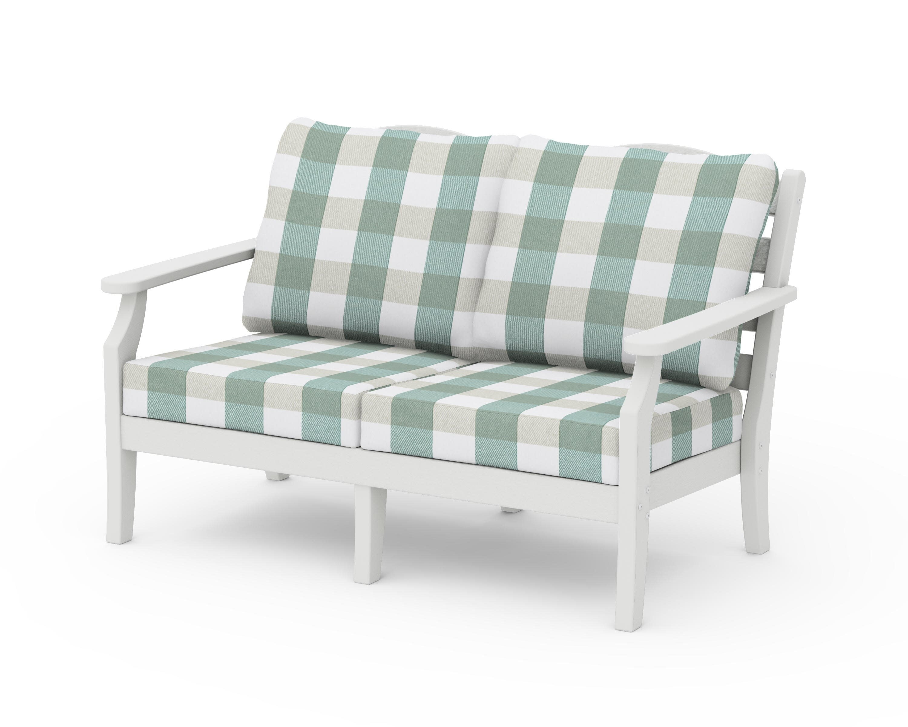 Savannah Deep Seating Loveseat in Vintage White / Buffalo Plaid Glacier Spa