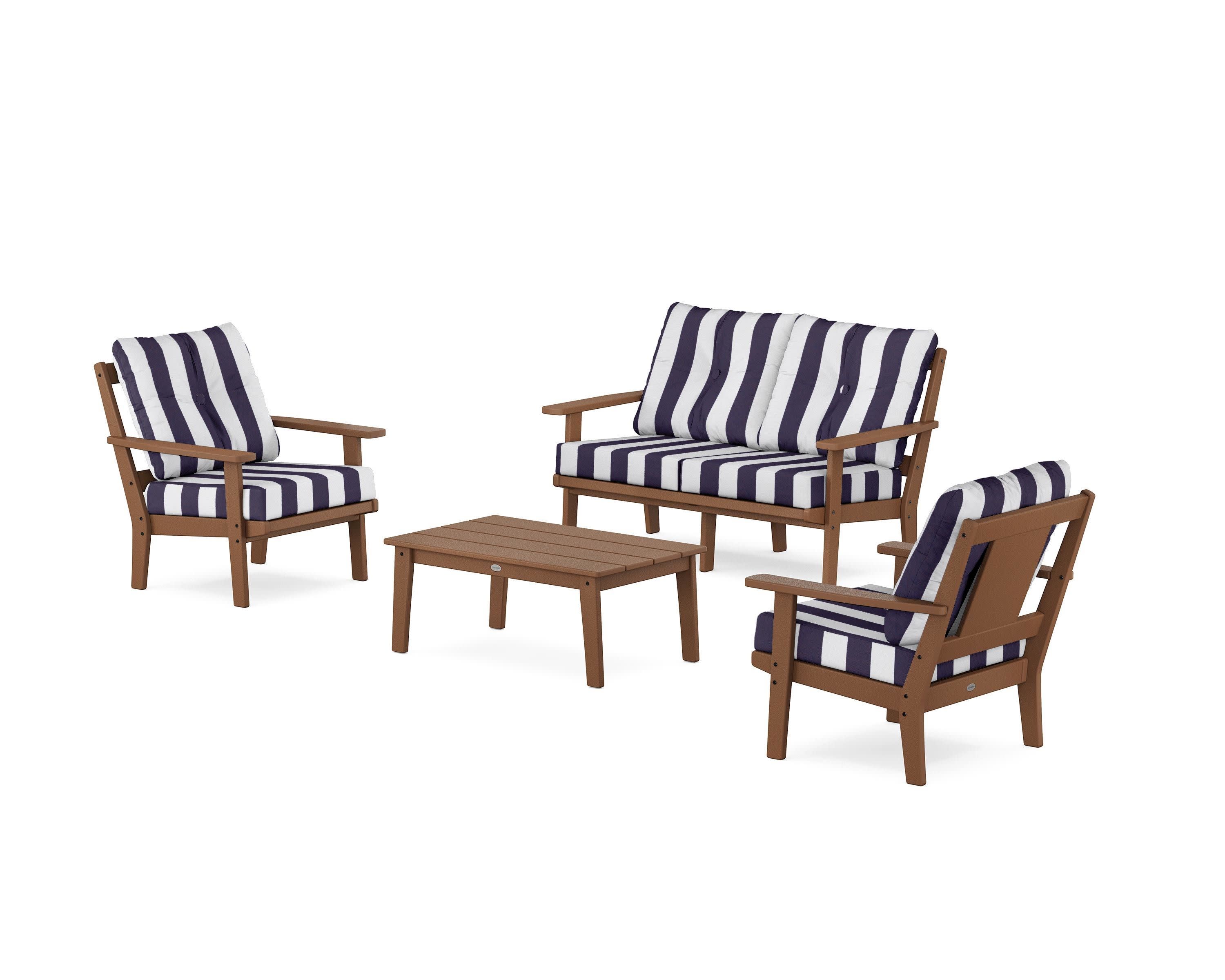 Prairie 4-Piece Deep Seating Set with Loveseat in Teak / Cabana Stripe Navy