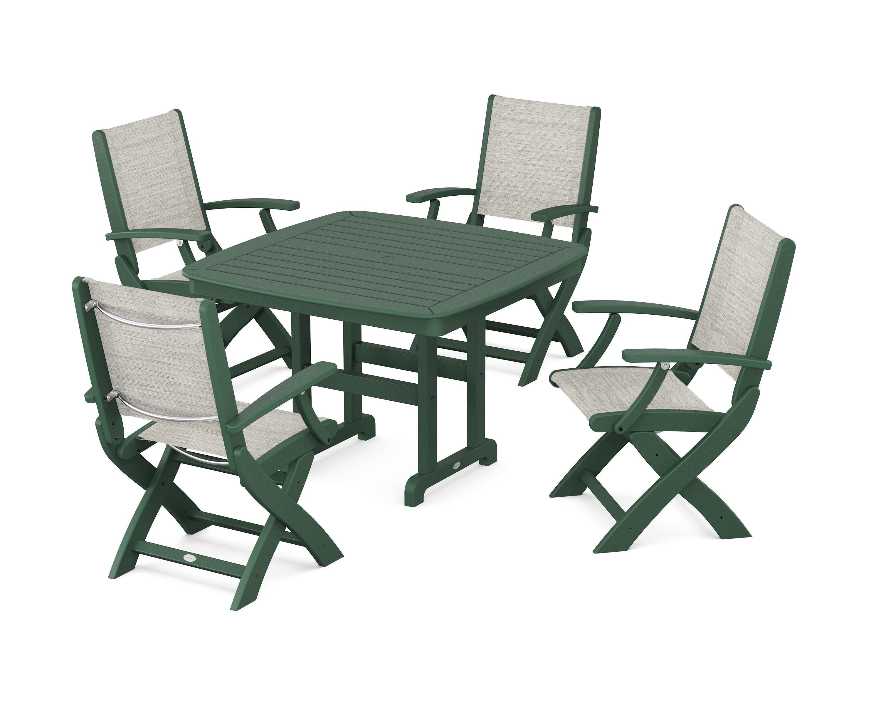 Coastal Folding Chair 5-Piece Dining Set in Green / Birch Sling