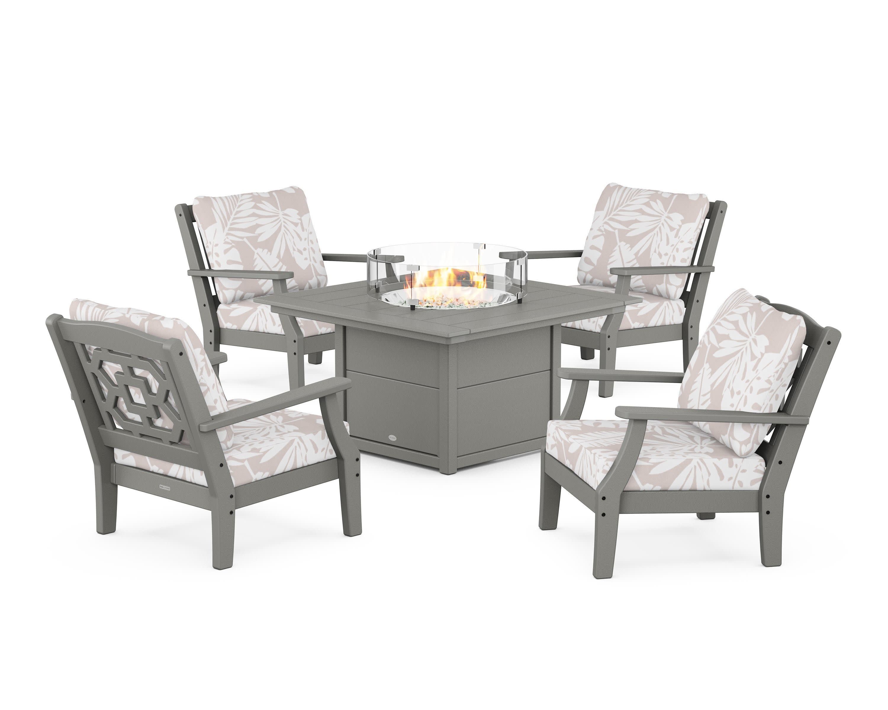 Chinoiserie 5-Piece Deep Seating Set with Fire Pit Table in Slate Grey / Leaf Dune Burlap